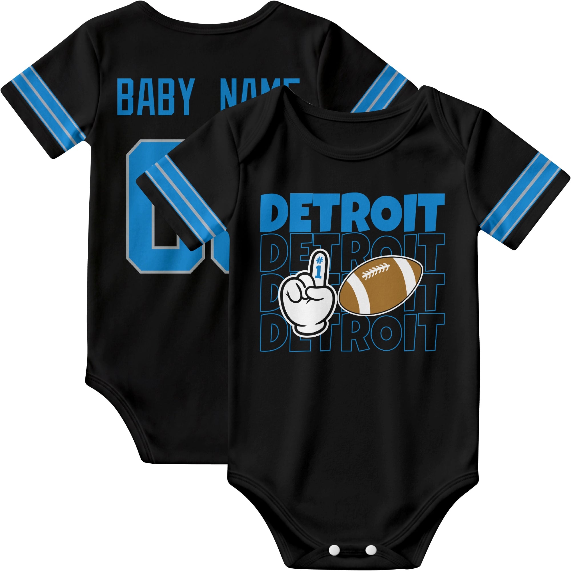 Detroit personalized football baby bodysuit in Black showing front number one fan design and back custom baby name and number