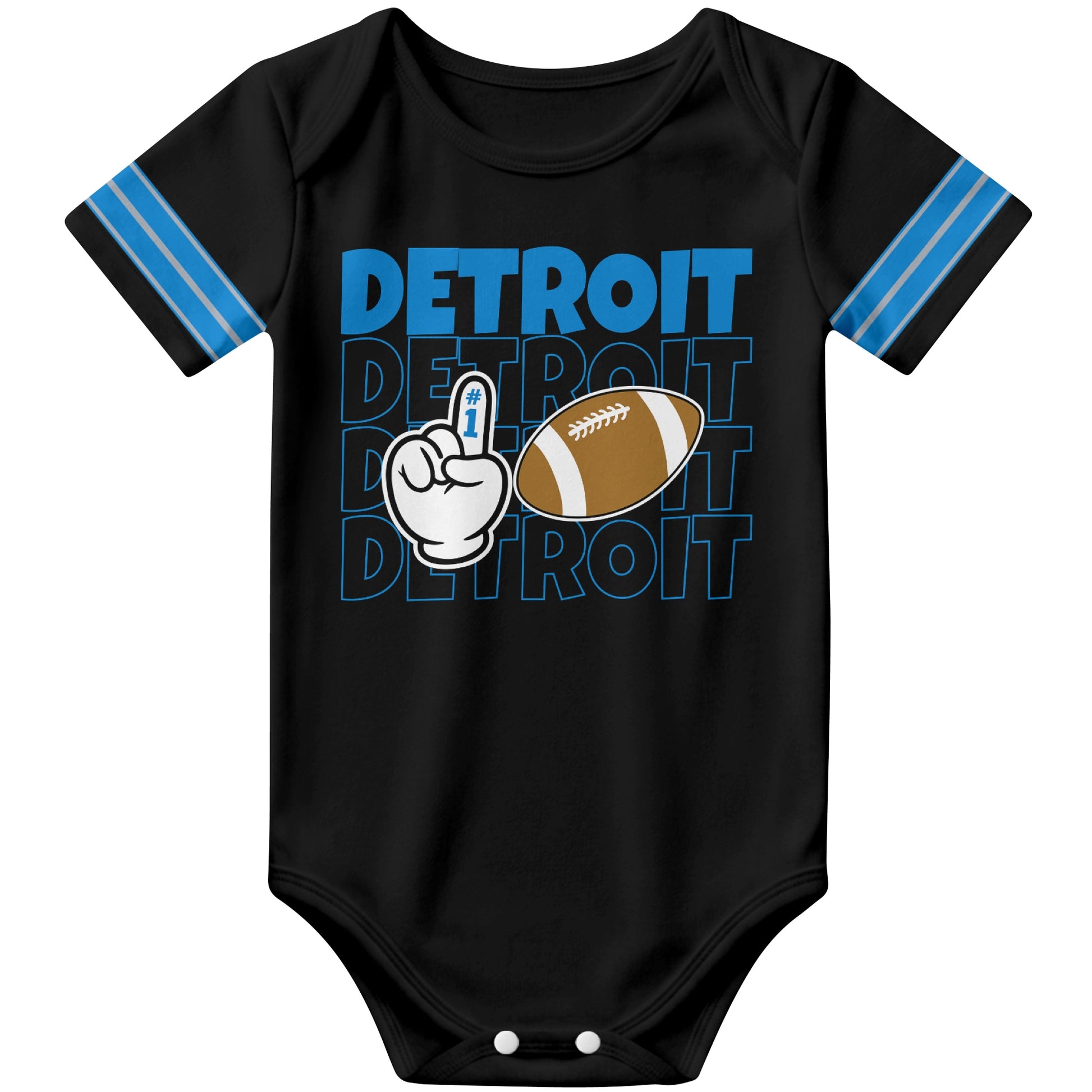 Detroit Black football baby bodysuit front view with city lettering football and number one fan hand graphic