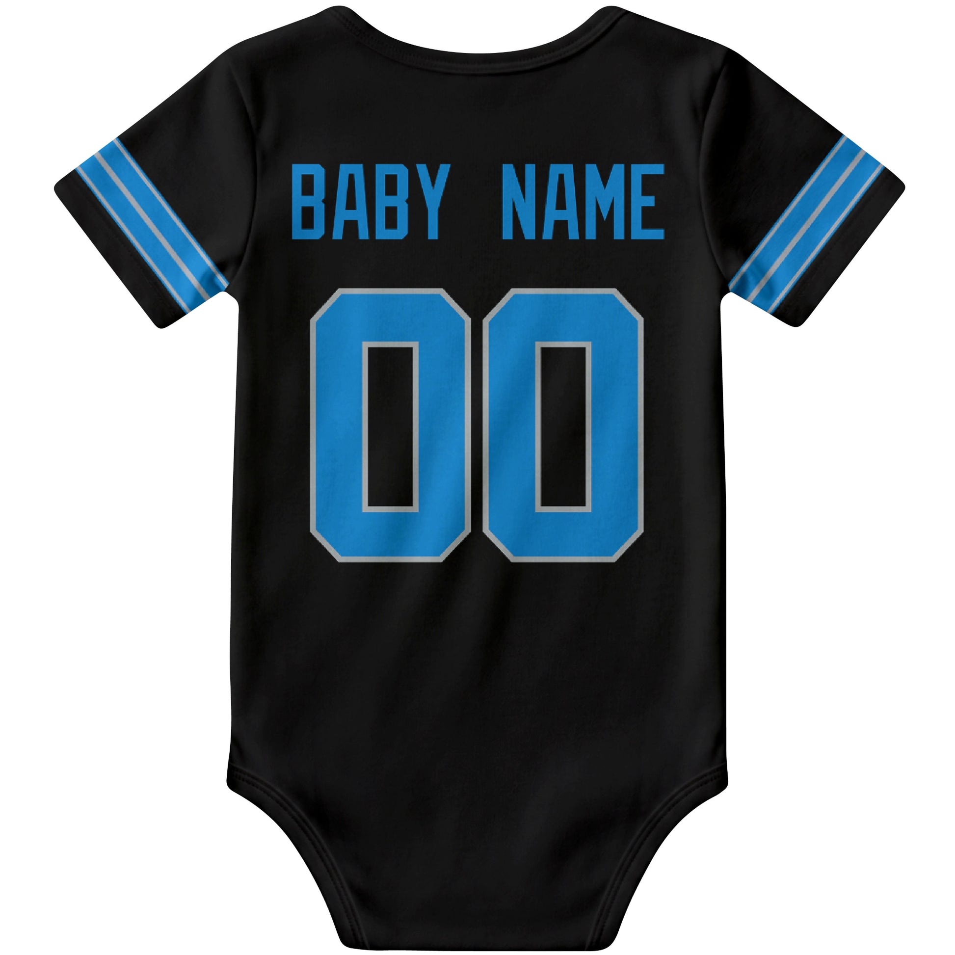 Detroit Black personalized football baby bodysuit back view with custom baby name and jersey number