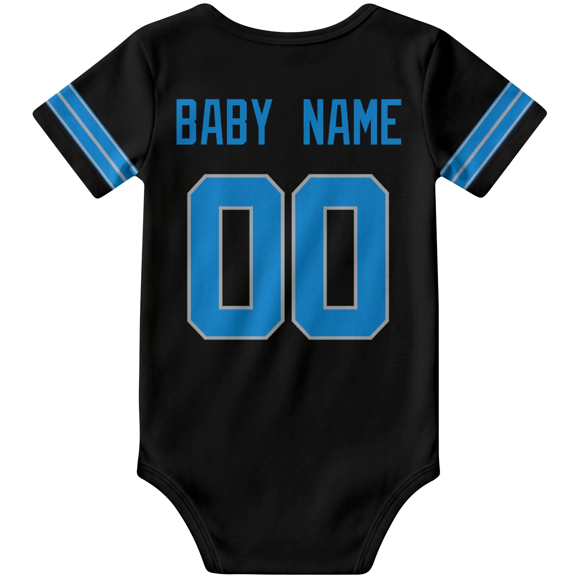 Detroit Black personalized football baby bodysuit back view with custom baby name and jersey number