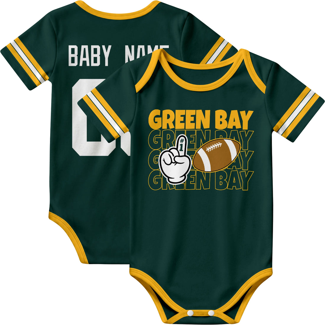 Green Bay personalized football baby bodysuit in Green showing front number one fan design and back custom baby name and number