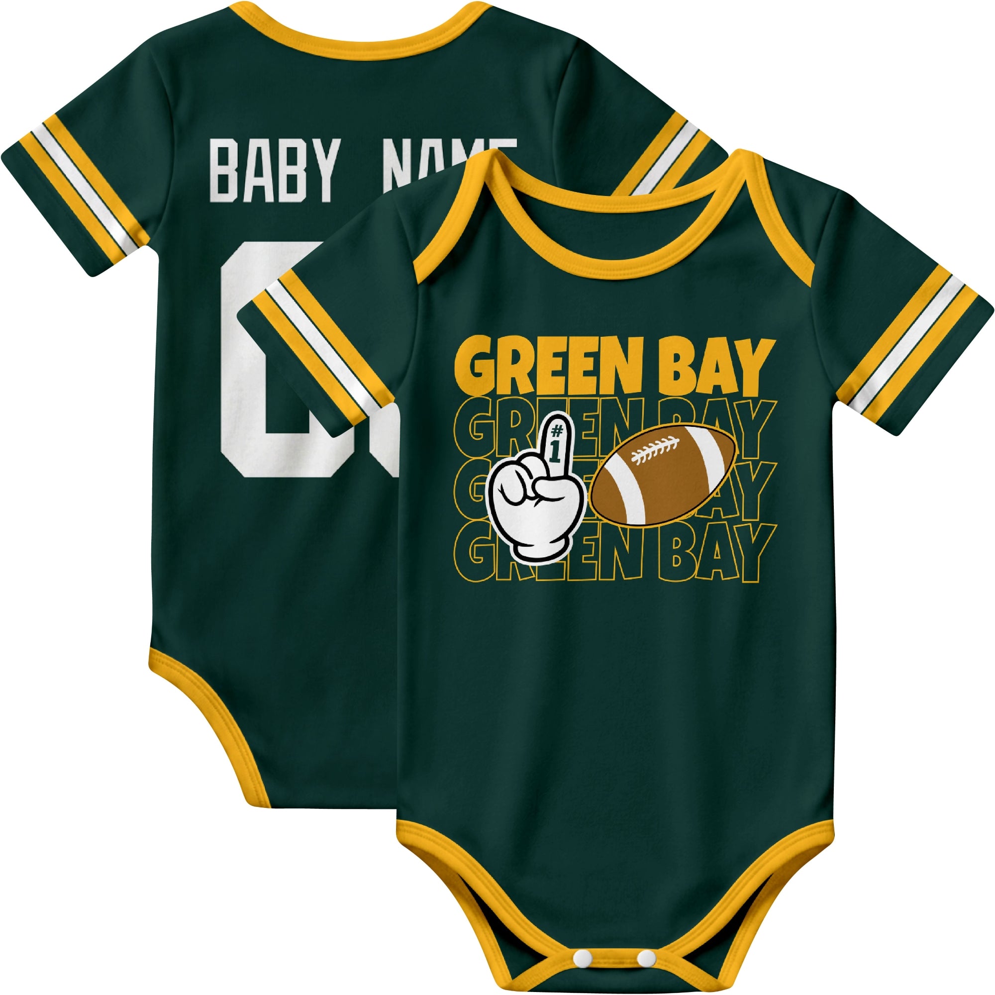 Green Bay personalized football baby bodysuit in Green showing front number one fan design and back custom baby name and number