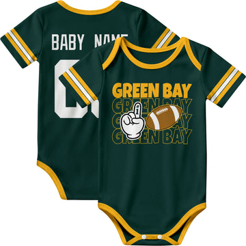 Green Bay personalized football baby bodysuit in Green showing front number one fan design and back custom baby name and number