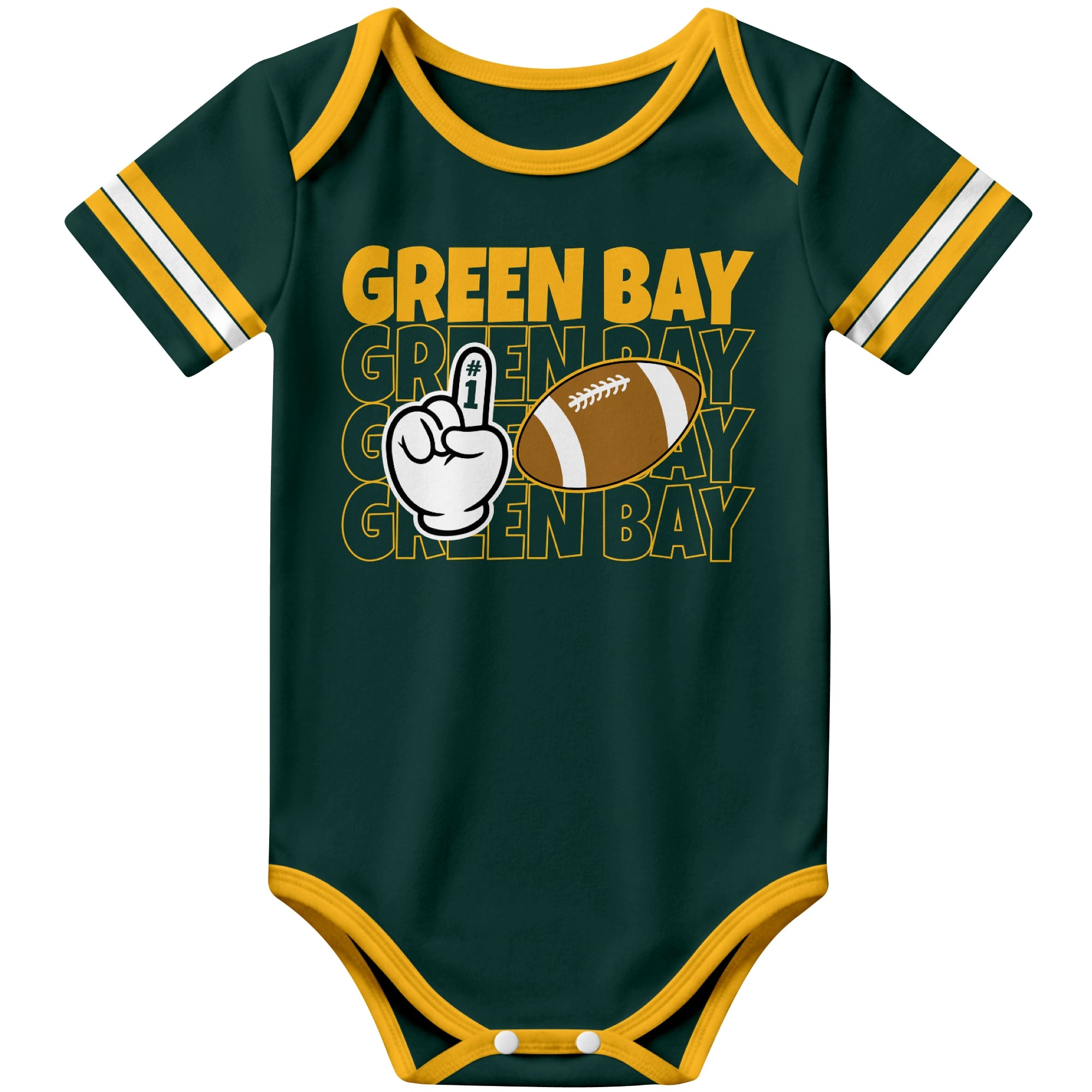 Green Bay Green football baby bodysuit front view with city lettering football and number one fan hand graphic