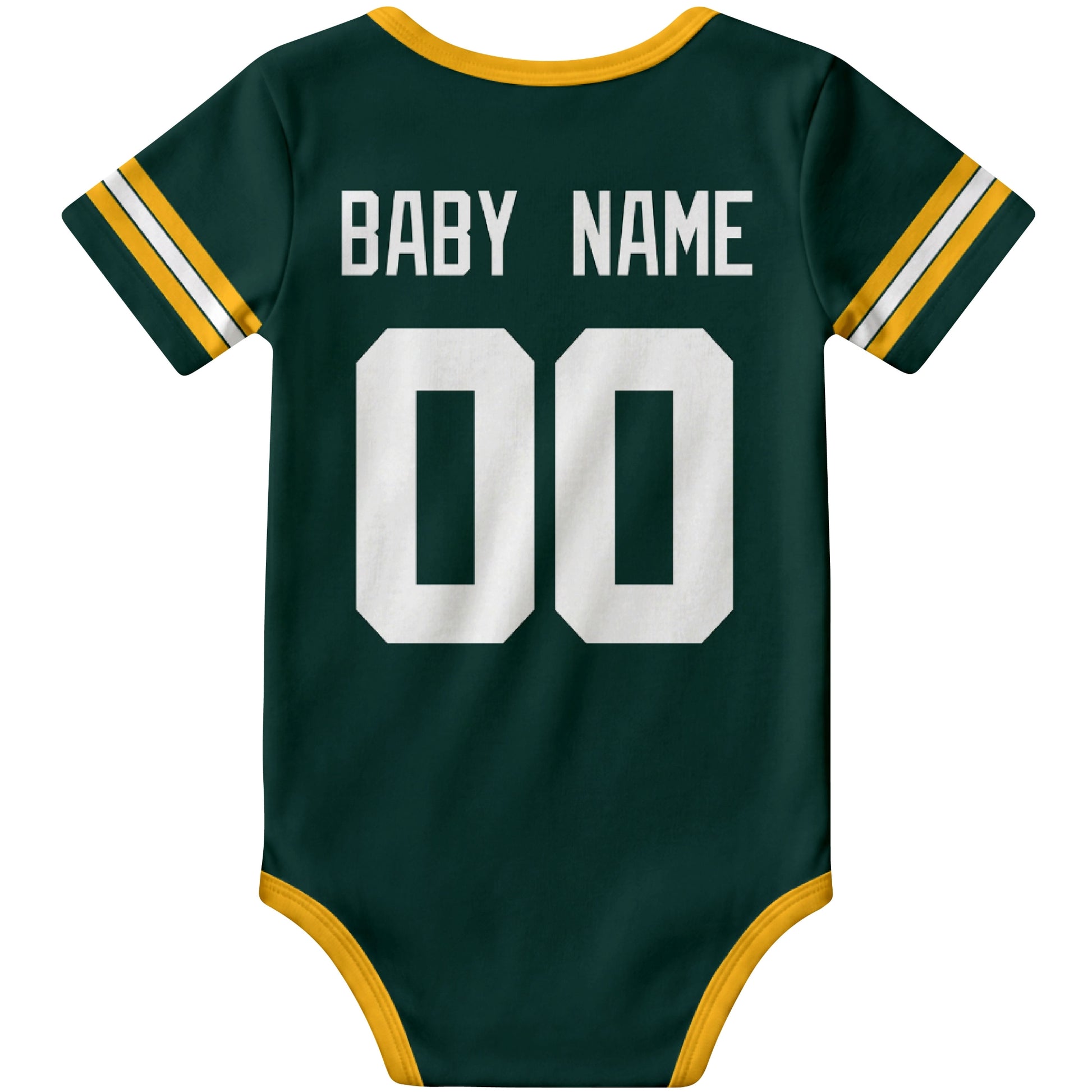 Green Bay Green personalized football baby bodysuit back view with custom baby name and jersey number