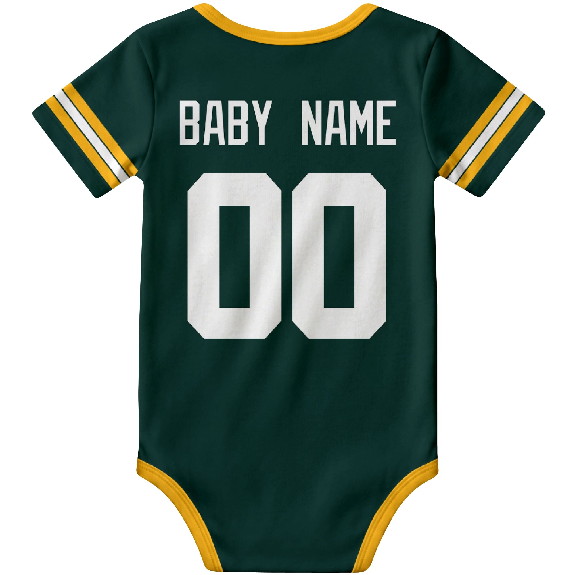 Green Bay Green personalized football baby bodysuit back view with custom baby name and jersey number