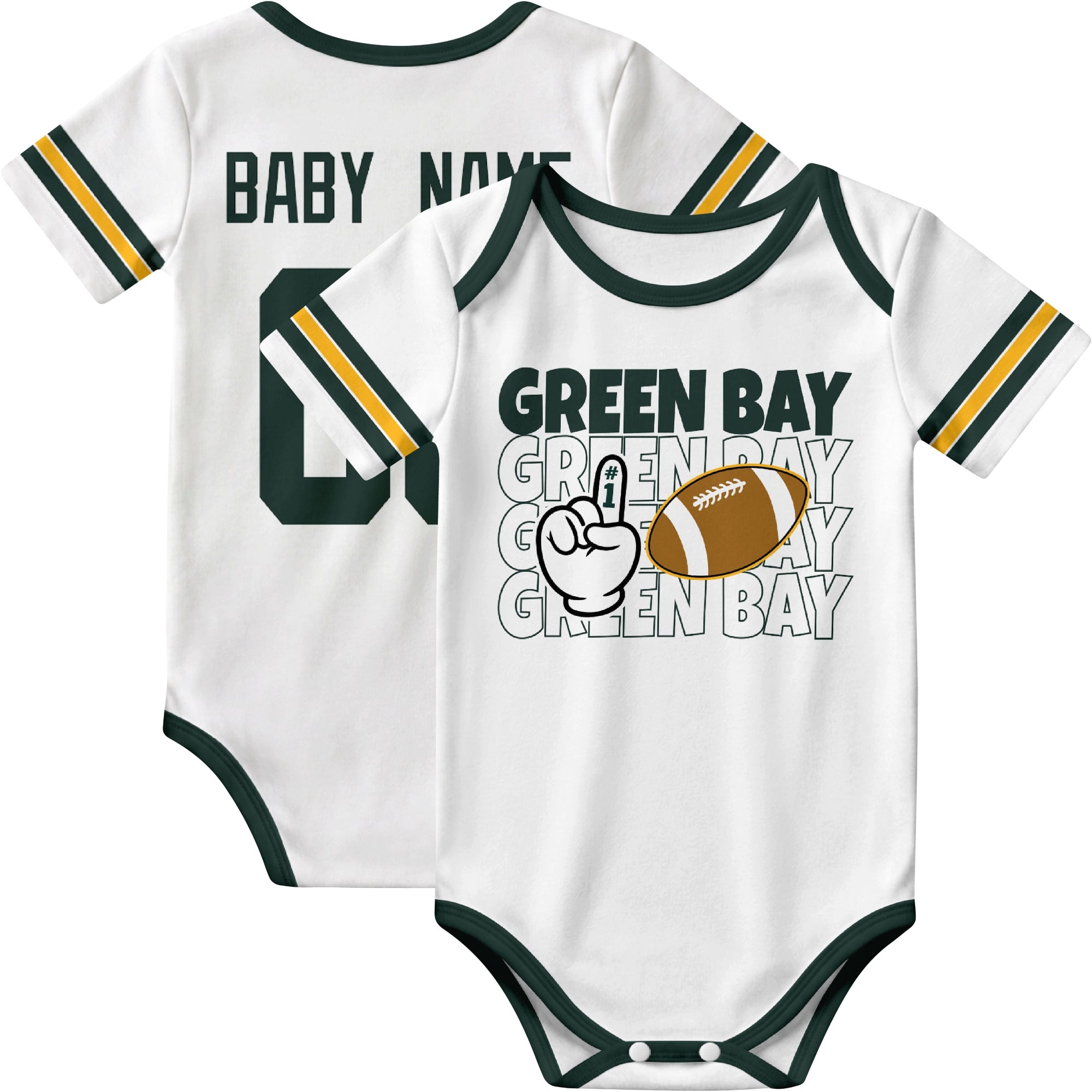 Green Bay personalized football baby bodysuit in White showing front number one fan design and back custom baby name and number