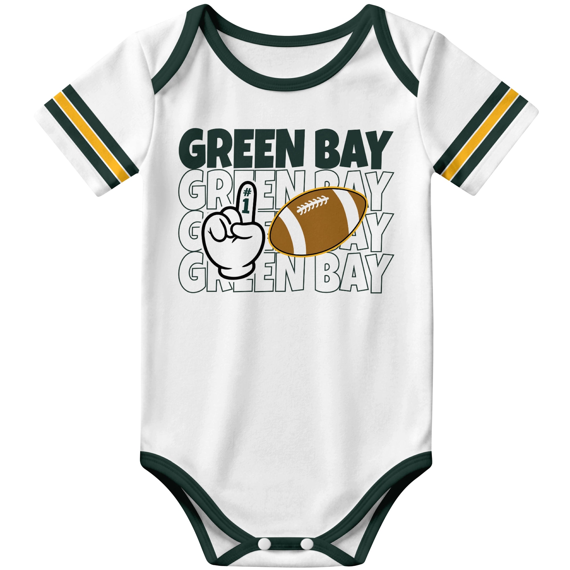 Green Bay White football baby bodysuit front view with city lettering football and number one fan hand graphic