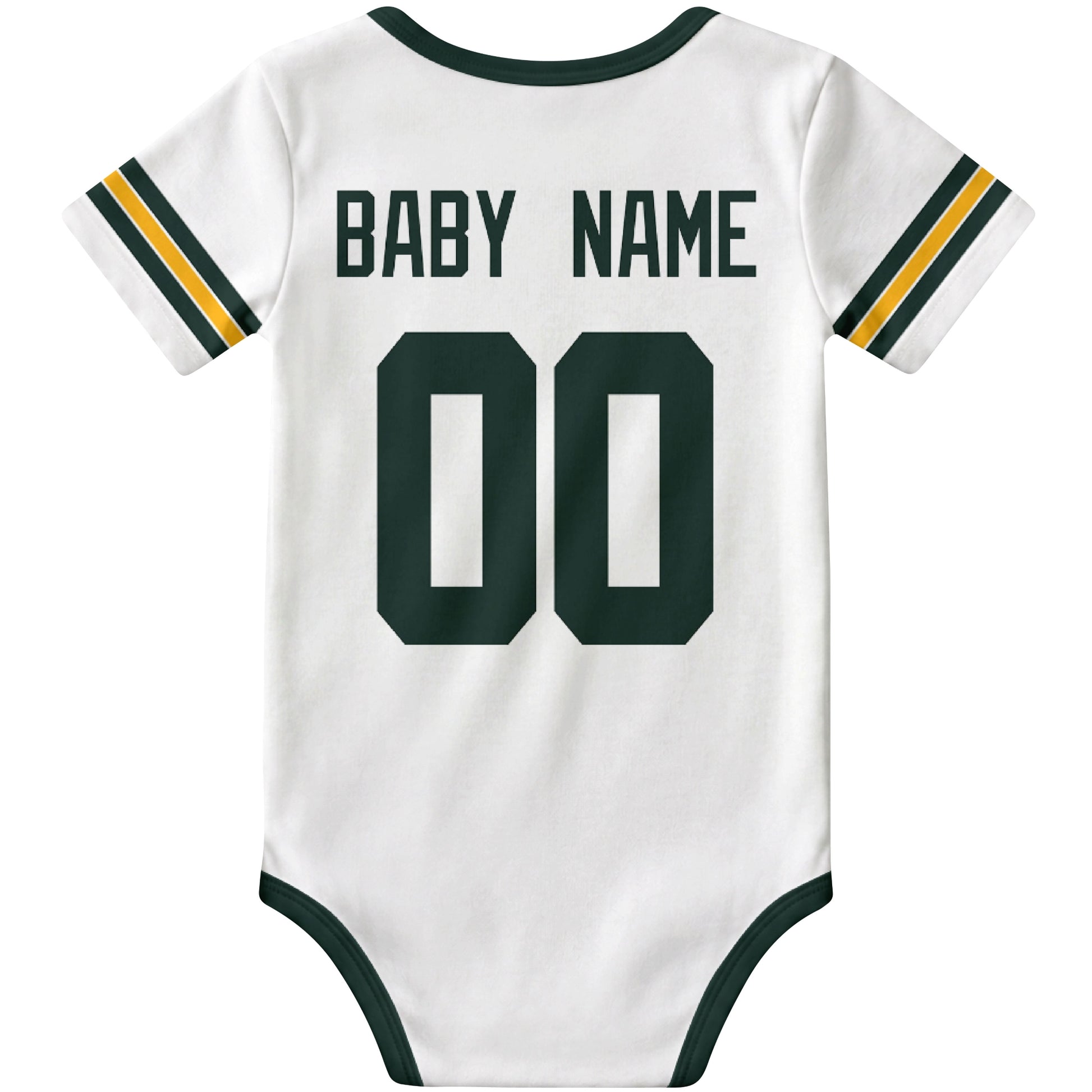 Green Bay White personalized football baby bodysuit back view with custom baby name and jersey number