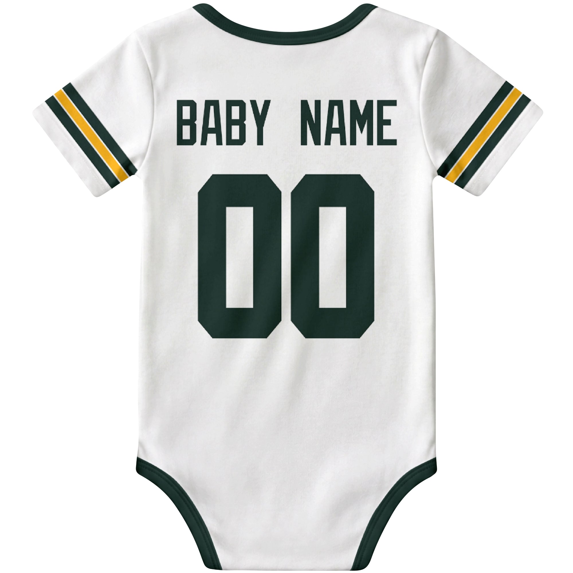 Green Bay White personalized football baby bodysuit back view with custom baby name and jersey number