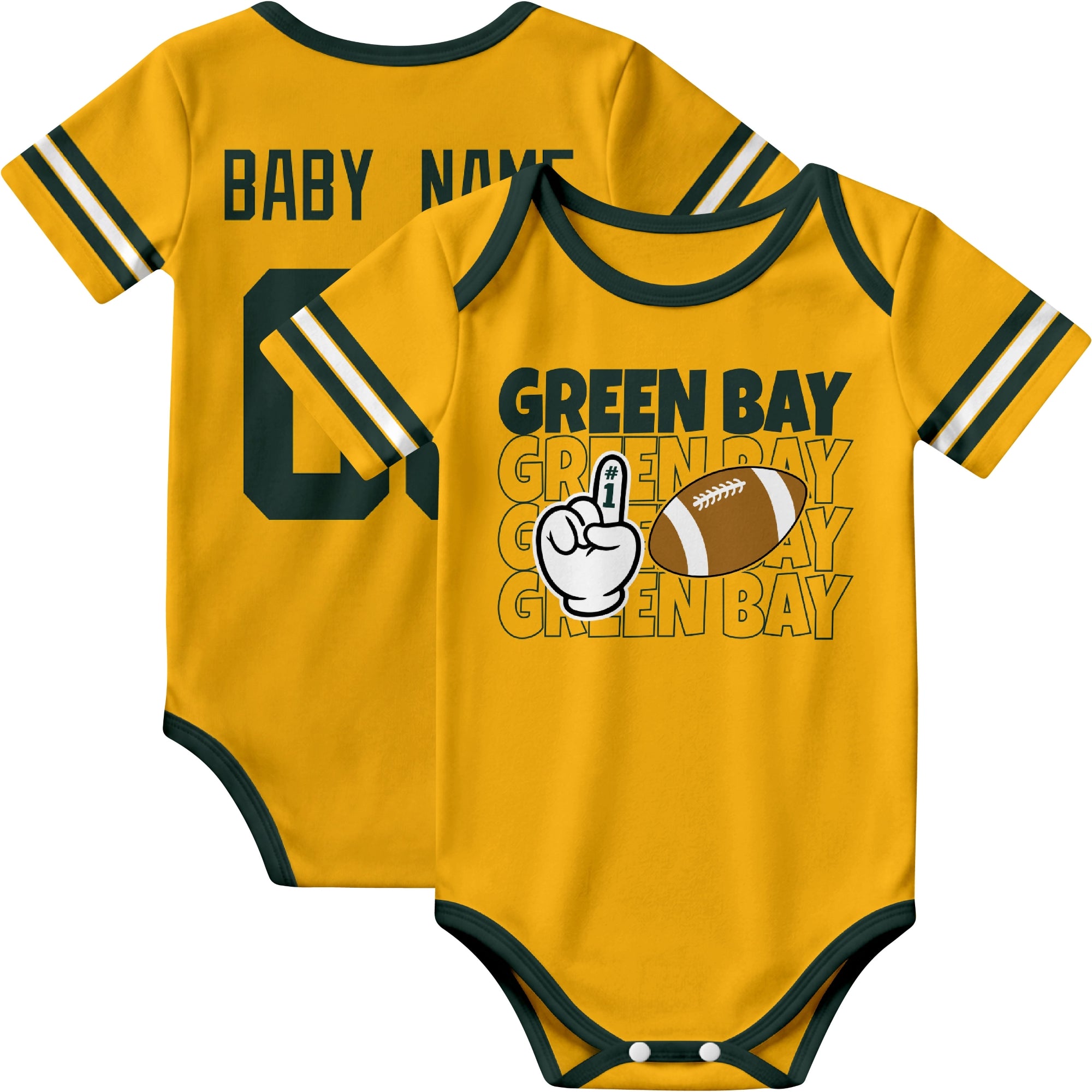 Green Bay personalized football baby bodysuit in Gold showing front number one fan design and back custom baby name and number