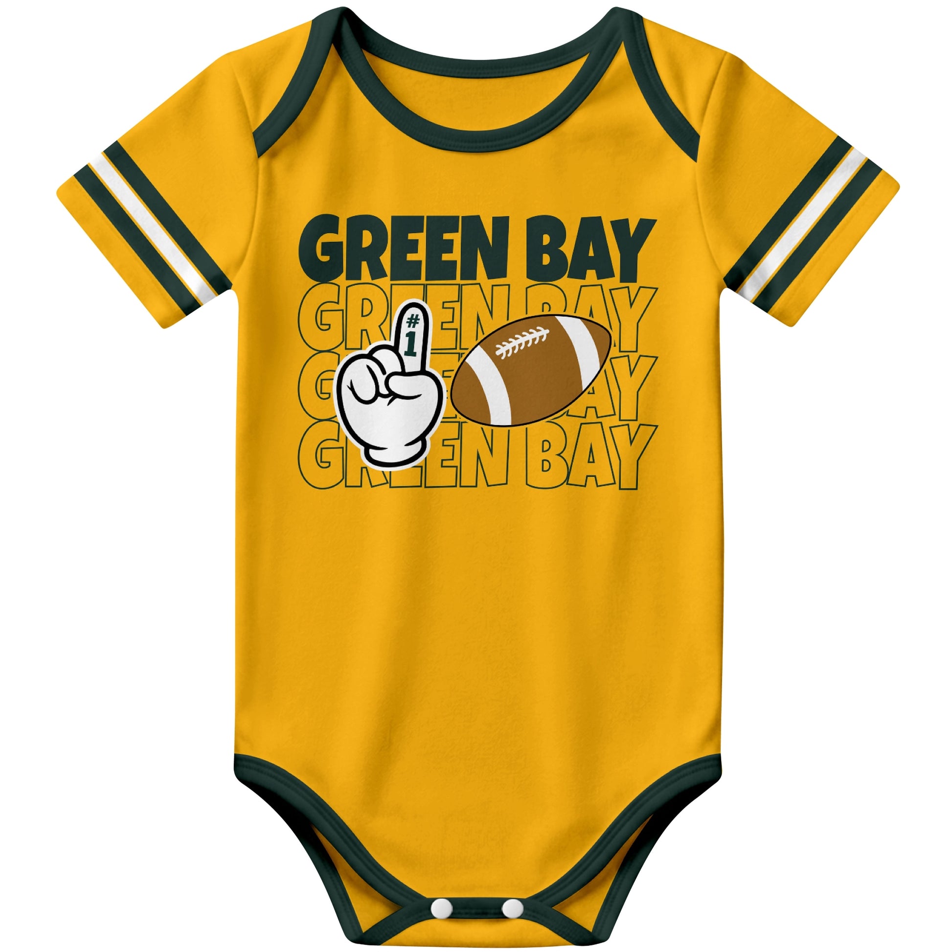 Green Bay Gold football baby bodysuit front view with city lettering football and number one fan hand graphic