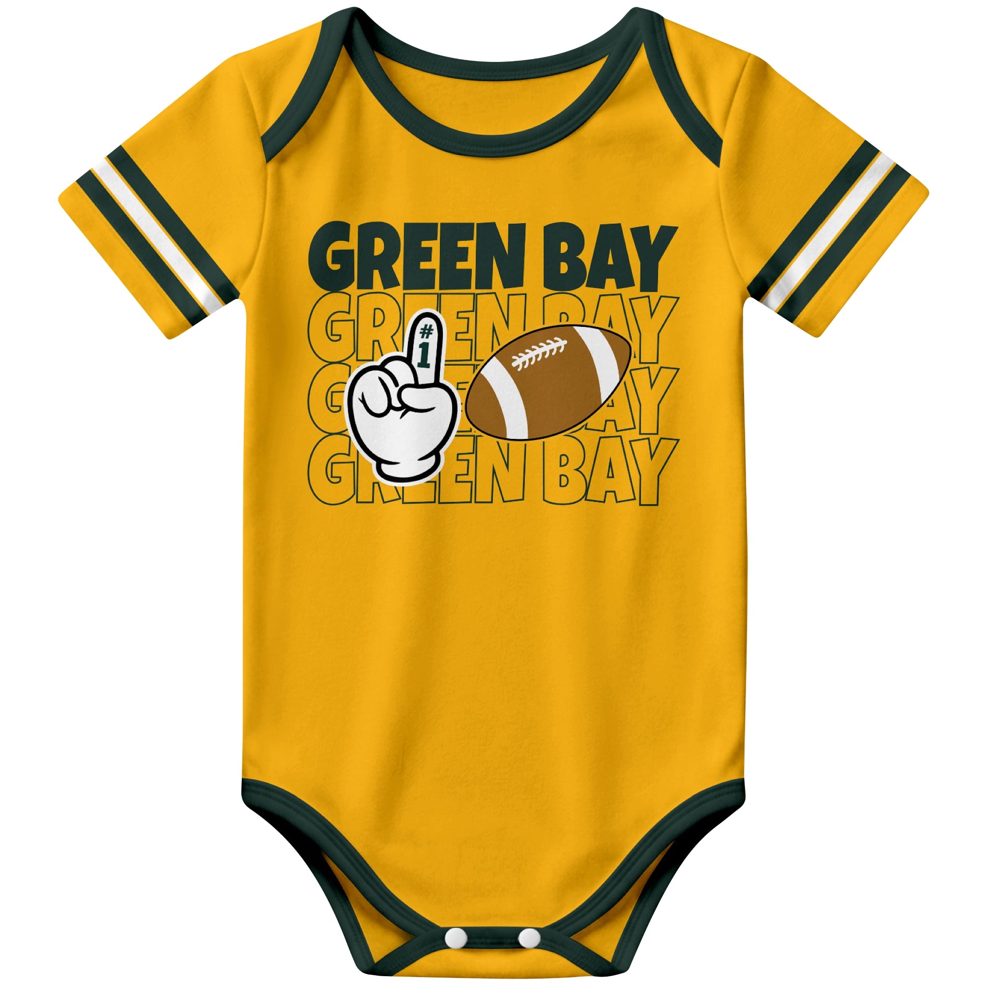 Green Bay Gold football baby bodysuit front view with city lettering football and number one fan hand graphic