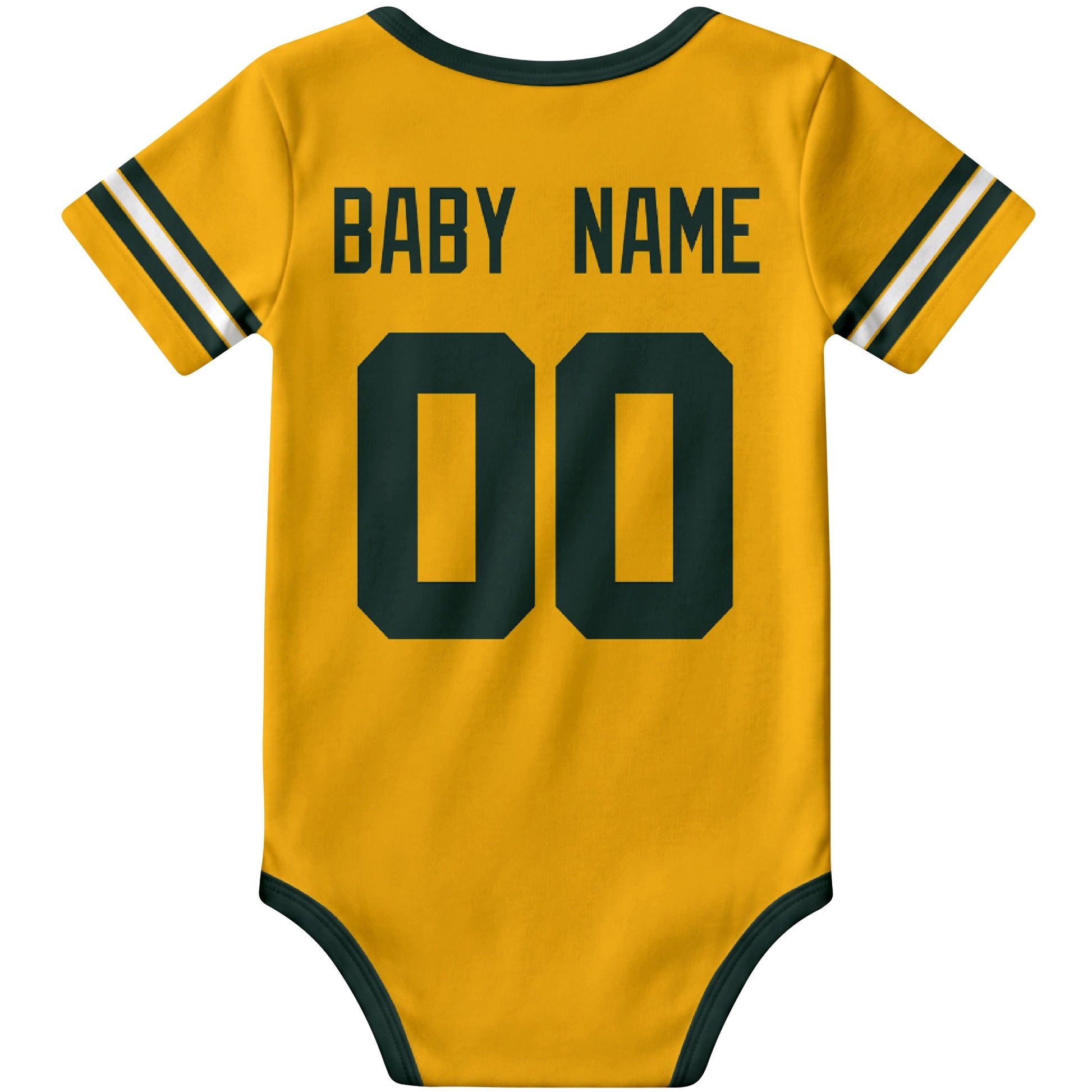 Green Bay Gold personalized football baby bodysuit back view with custom baby name and jersey number