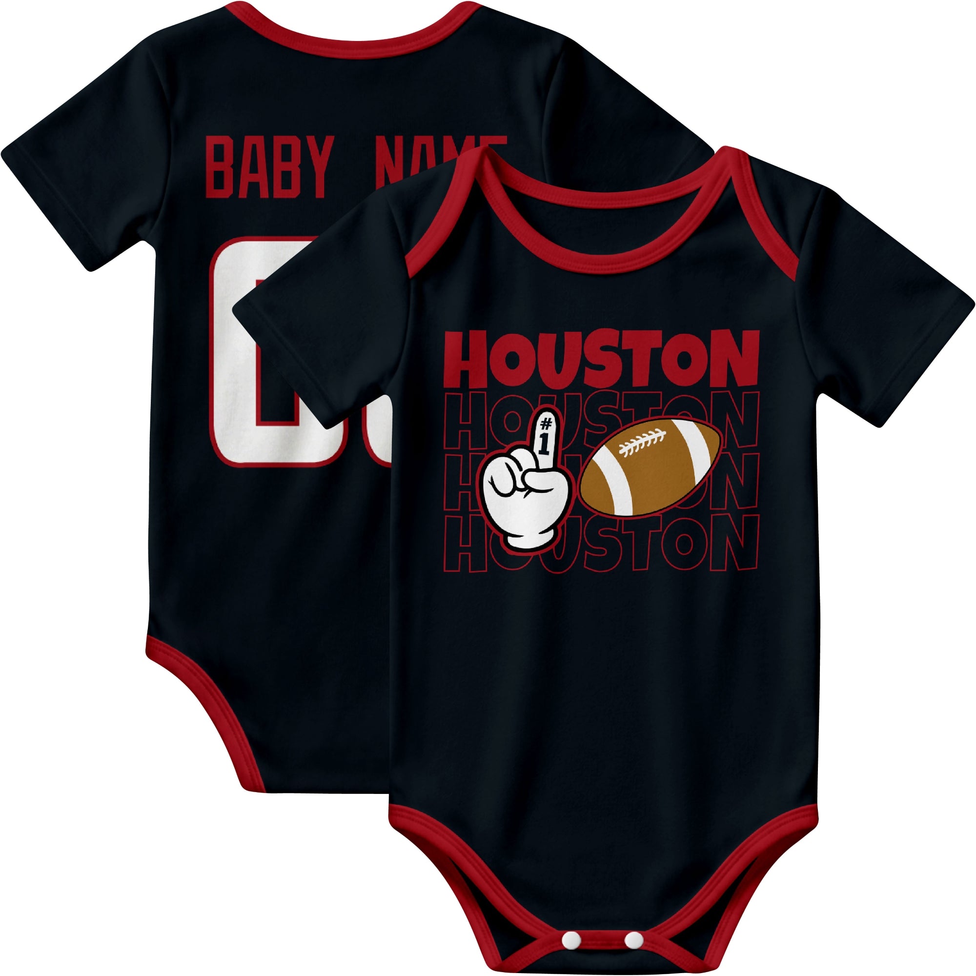 Houston personalized football baby bodysuit in Navy showing front number one fan design and back custom baby name and number
