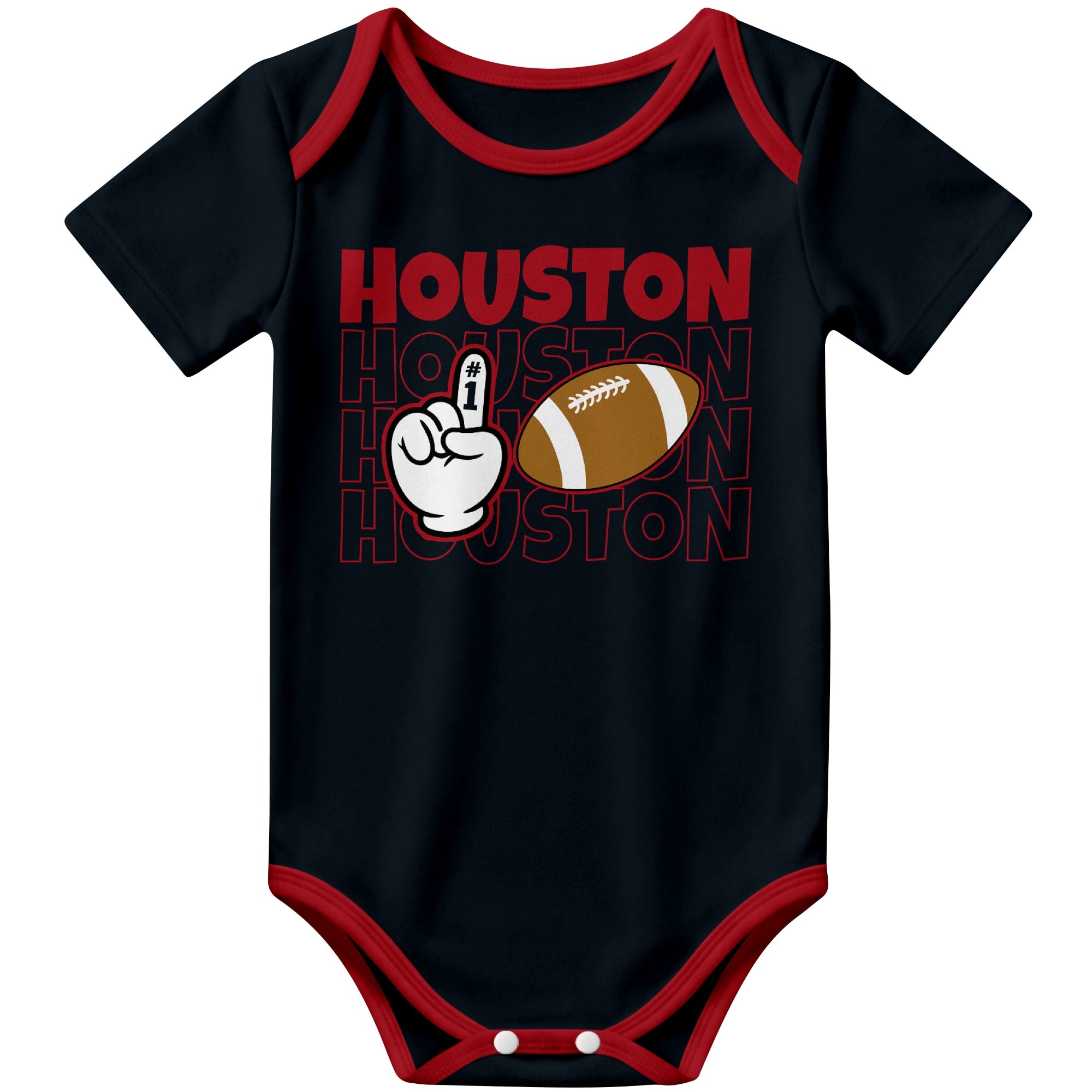 Houston Navy football baby bodysuit front view with city lettering football and number one fan hand graphic