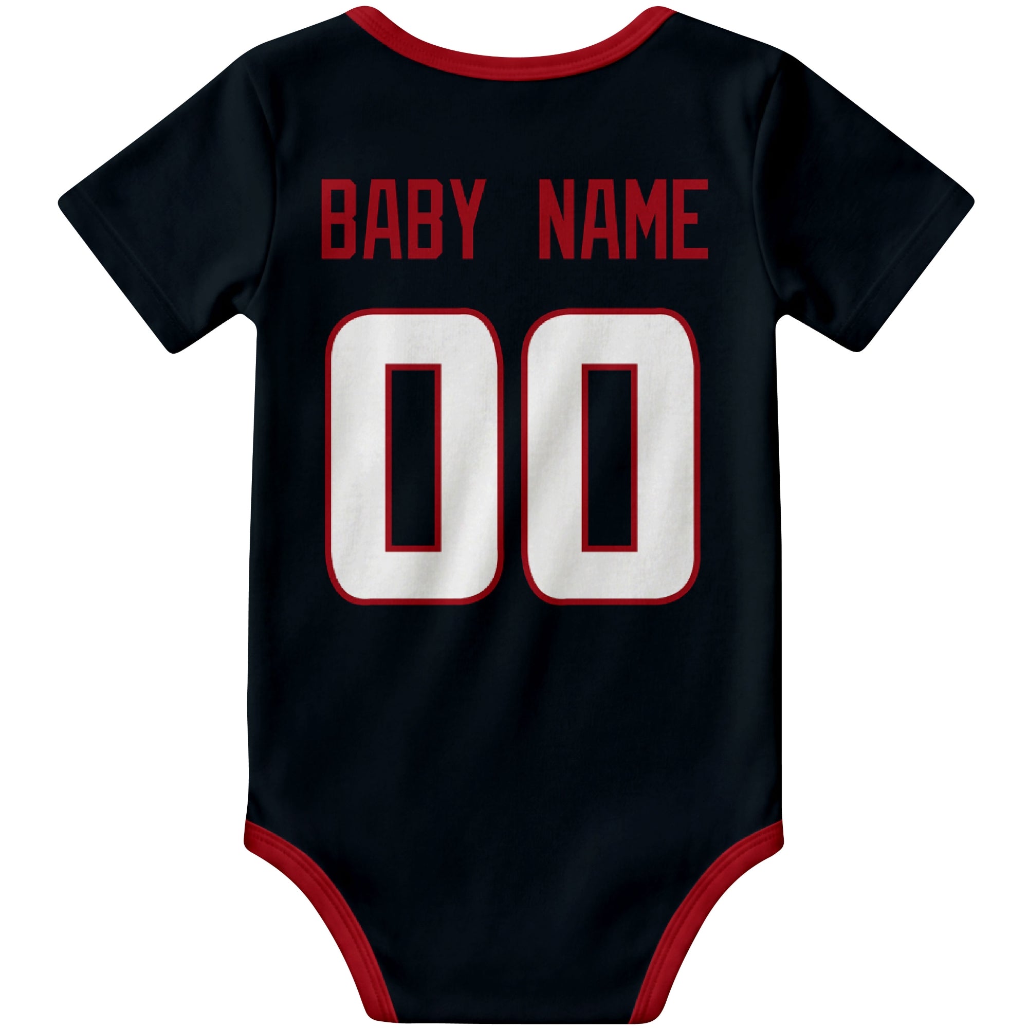 Houston Navy personalized football baby bodysuit back view with custom baby name and jersey number