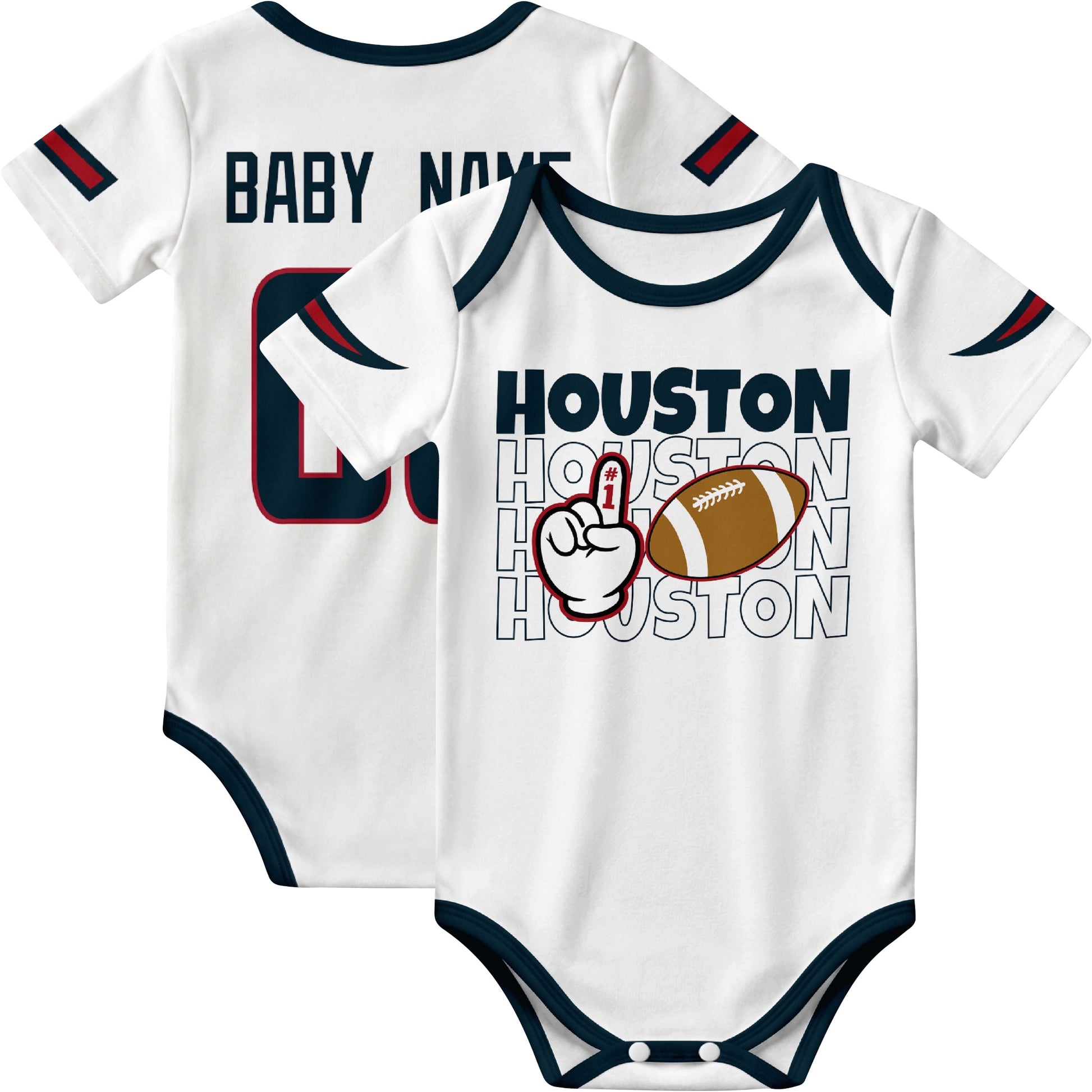 Houston personalized football baby bodysuit in White showing front number one fan design and back custom baby name and number