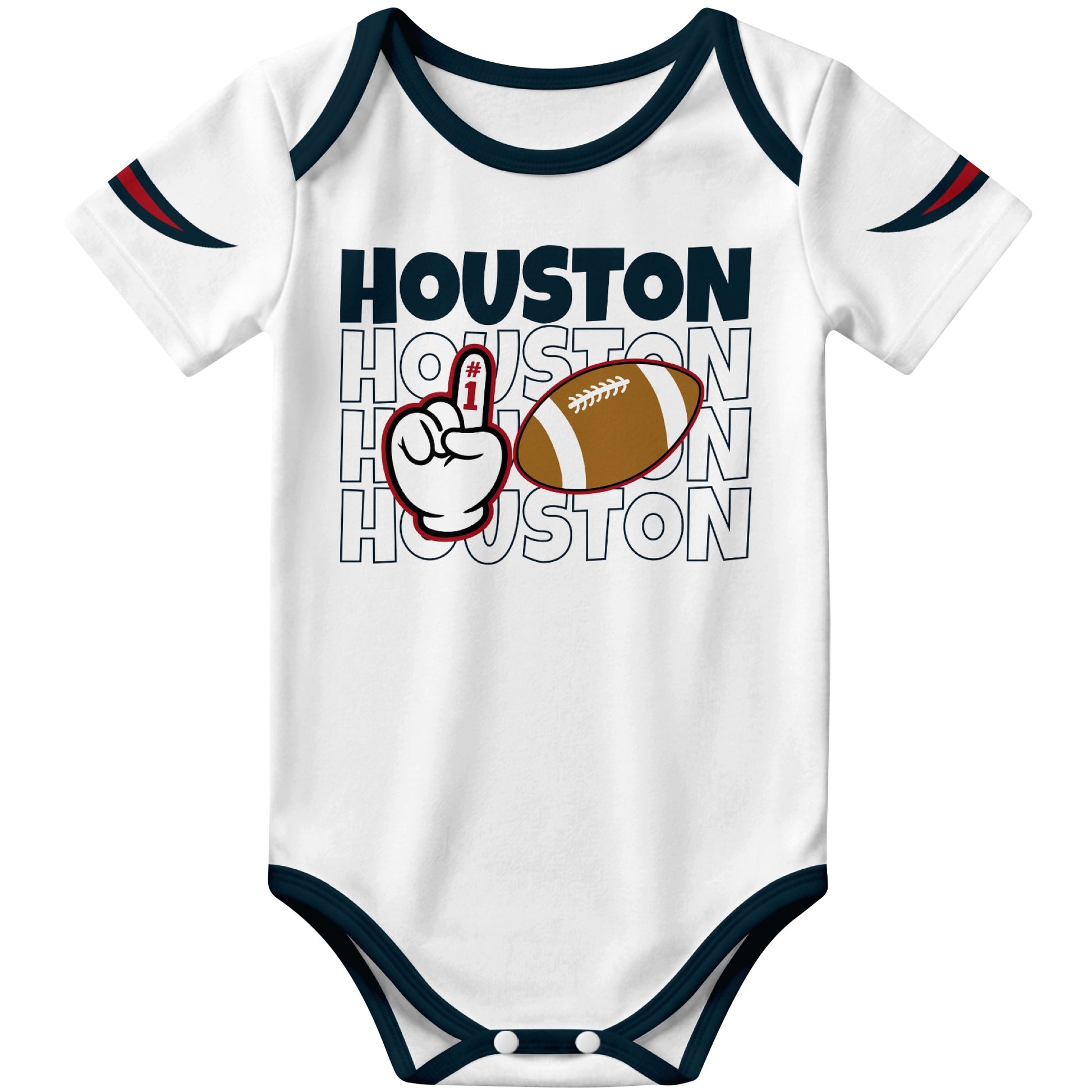Houston White football baby bodysuit front view with city lettering football and number one fan hand graphic