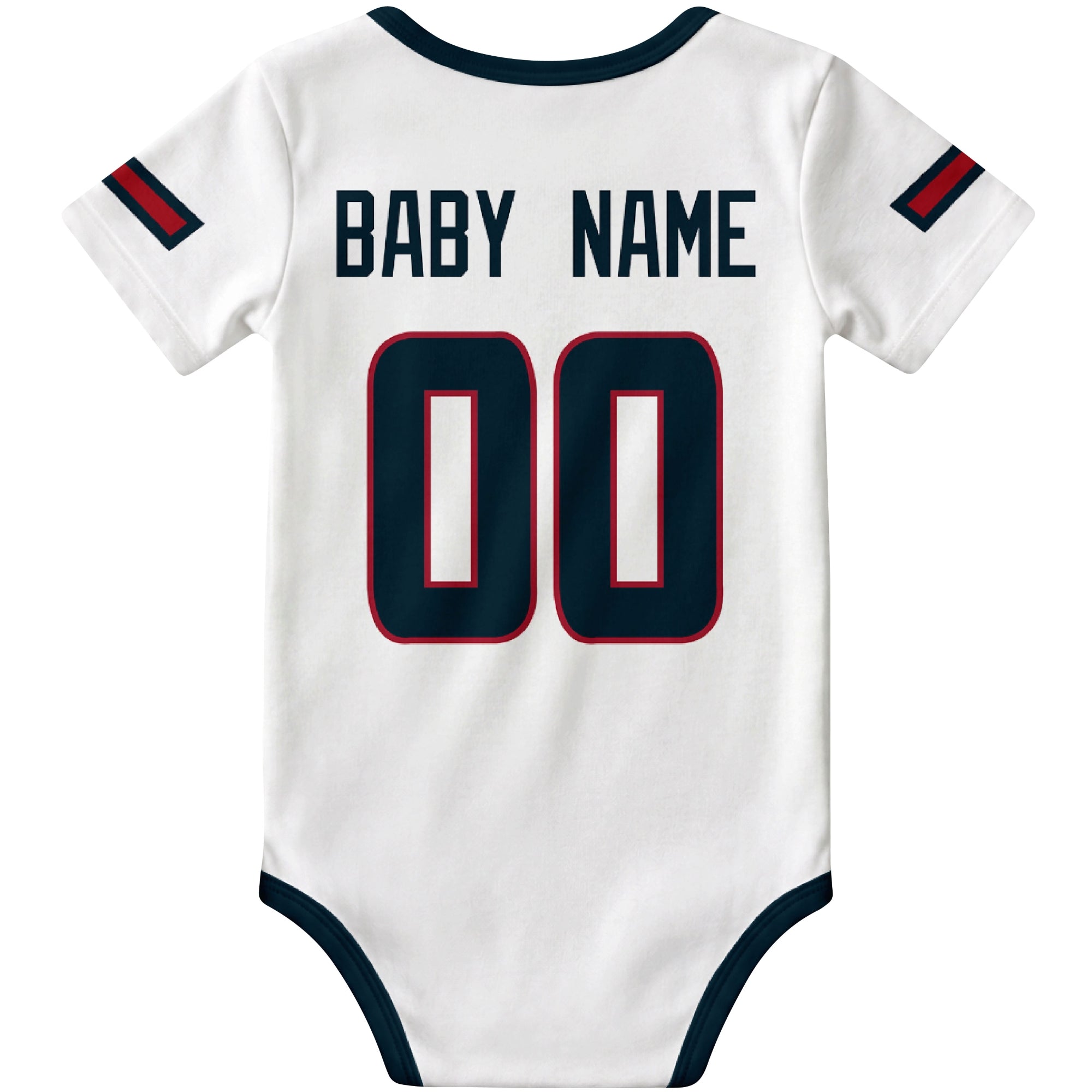 Houston White personalized football baby bodysuit back view with custom baby name and jersey number