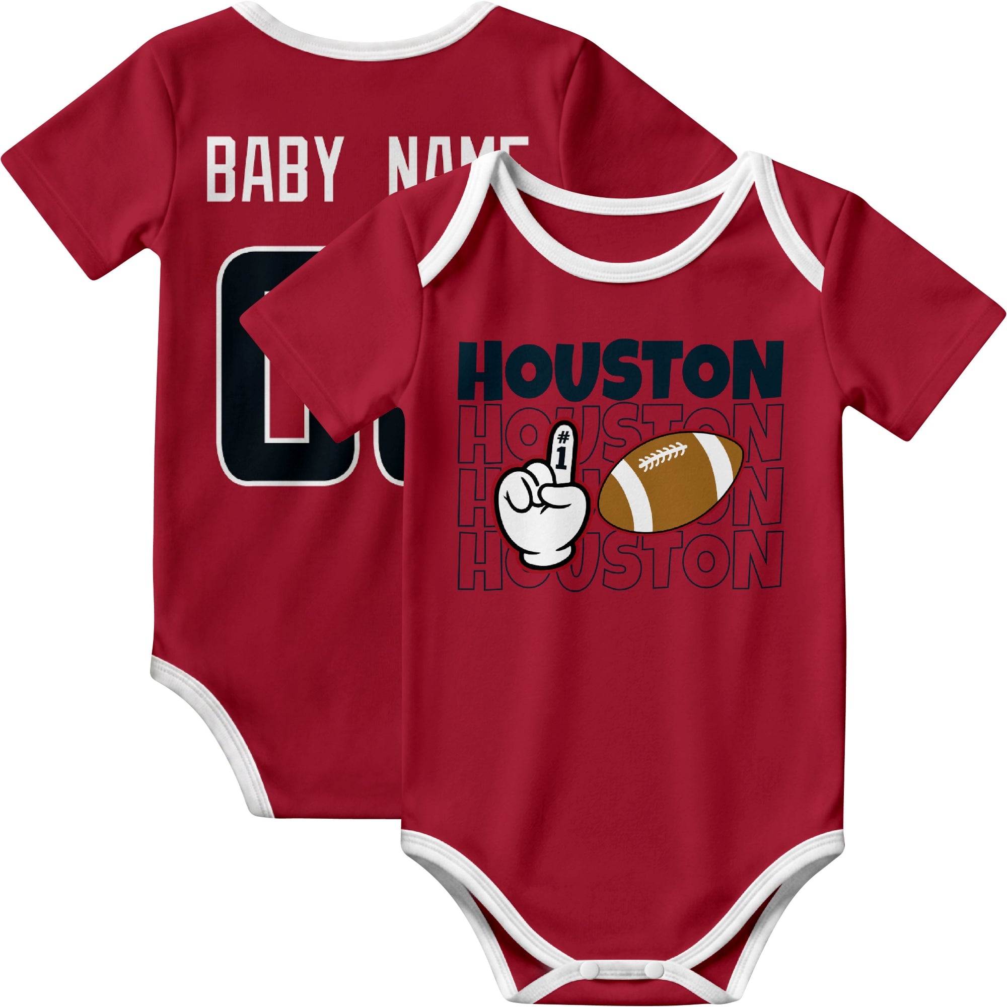 Houston personalized football baby bodysuit in Red showing front number one fan design and back custom baby name and number