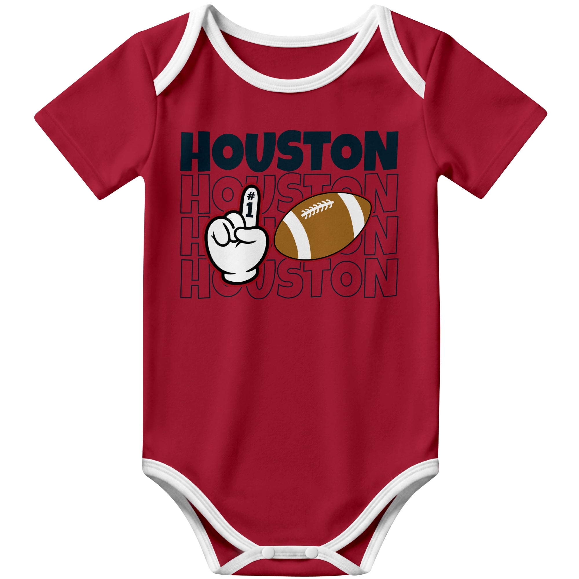 Houston Red football baby bodysuit front view with city lettering football and number one fan hand graphic