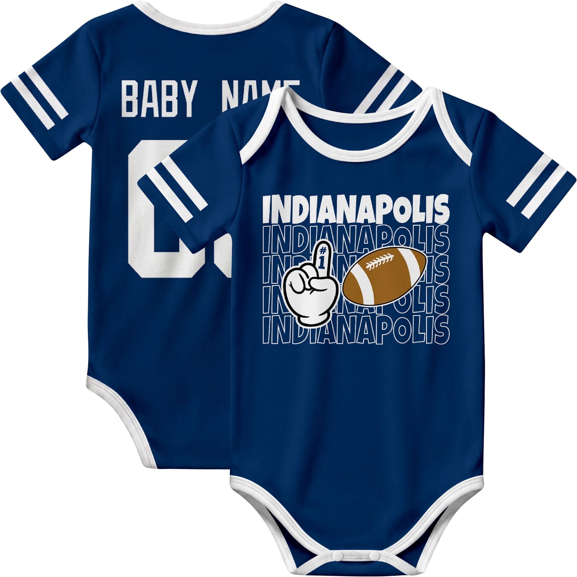 Indianapolis personalized football baby bodysuit in Royal showing front number one fan design and back custom baby name and number