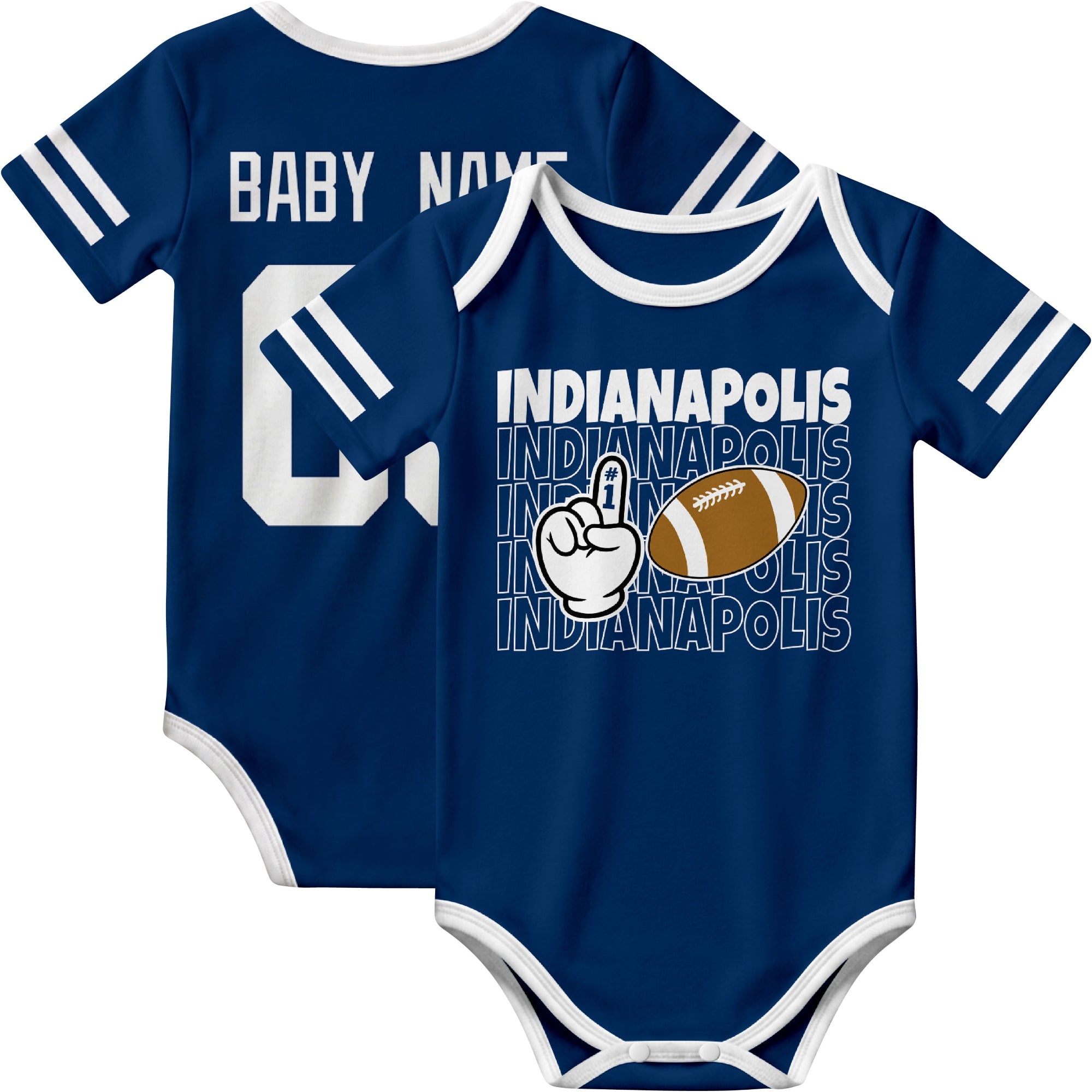 Indianapolis personalized football baby bodysuit in Royal showing front number one fan design and back custom baby name and number