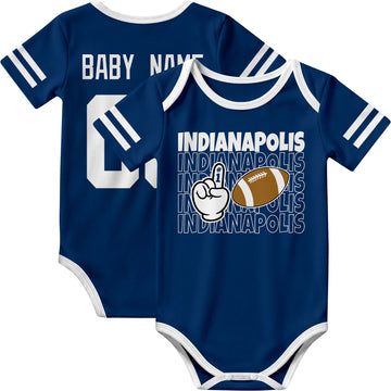Indianapolis personalized football baby bodysuit in Royal showing front number one fan design and back custom baby name and number