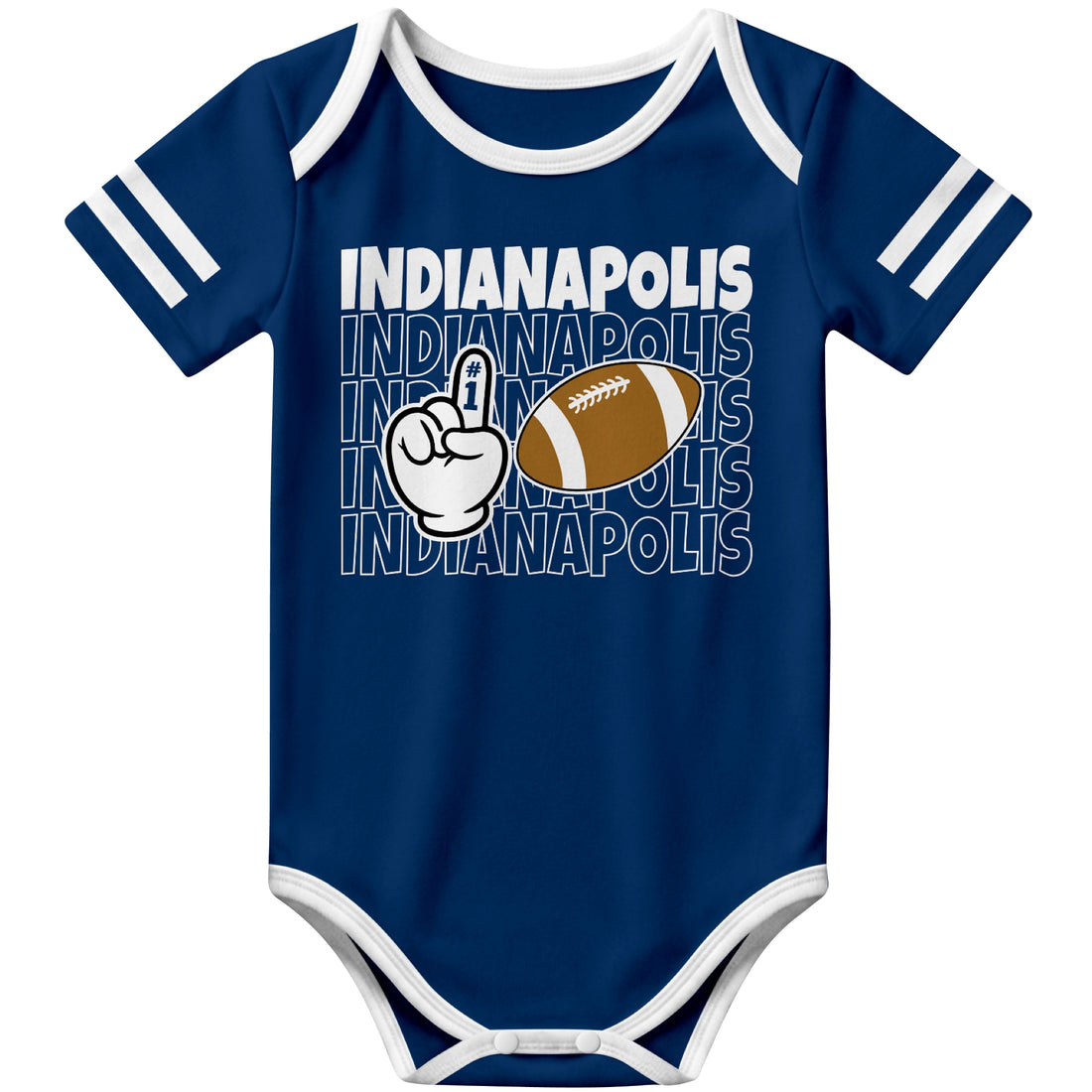 Indianapolis personalized football baby bodysuit in Royal showing front number one fan design and back custom baby name and number