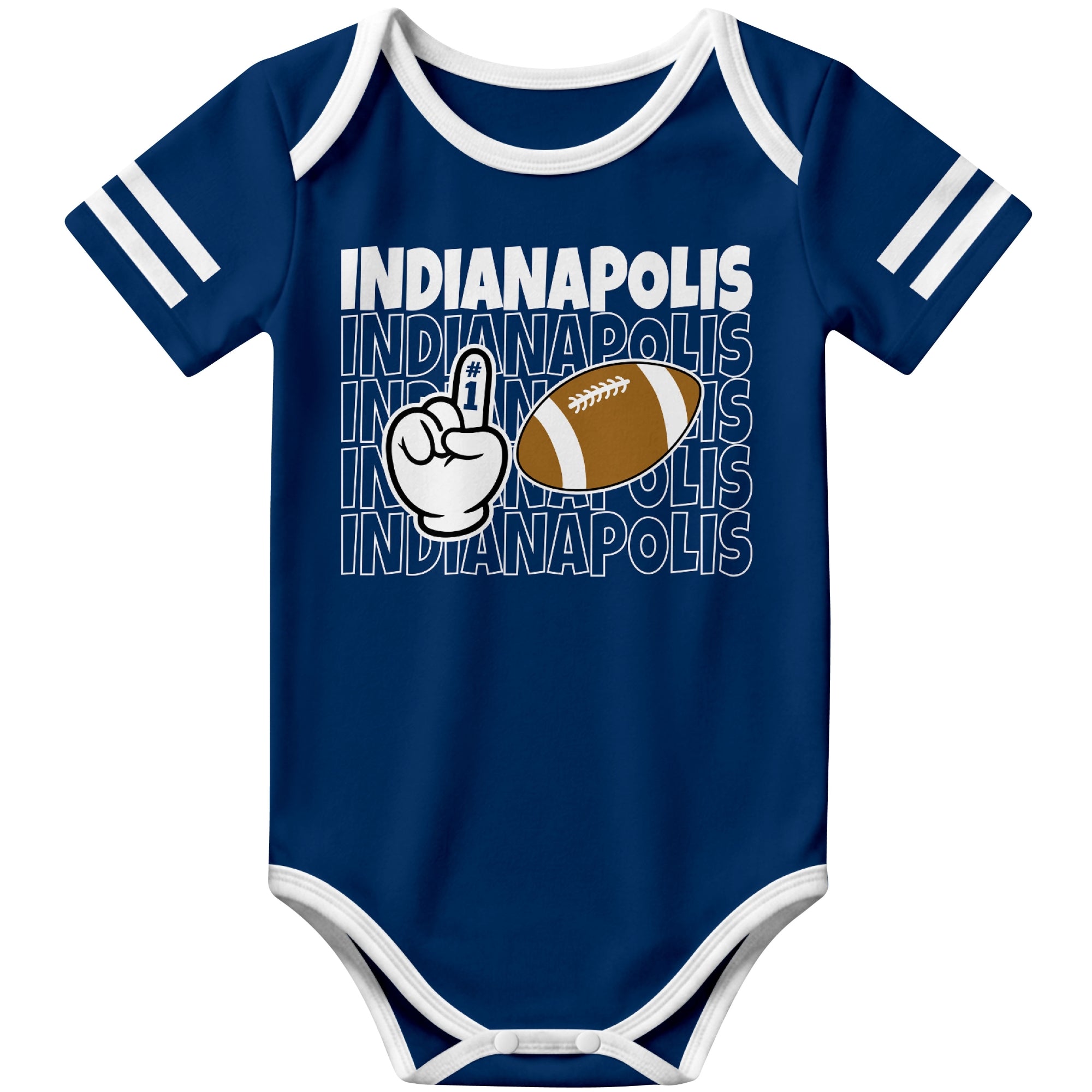 Indianapolis Royal football baby bodysuit front view with city lettering football and number one fan hand graphic