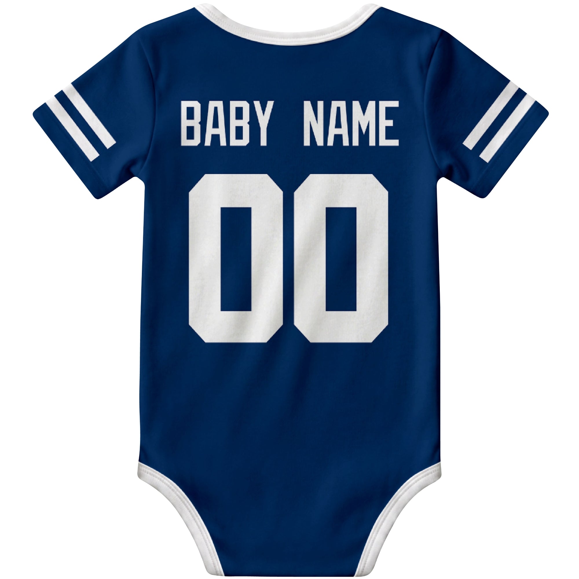 Indianapolis Royal personalized football baby bodysuit back view with custom baby name and jersey number
