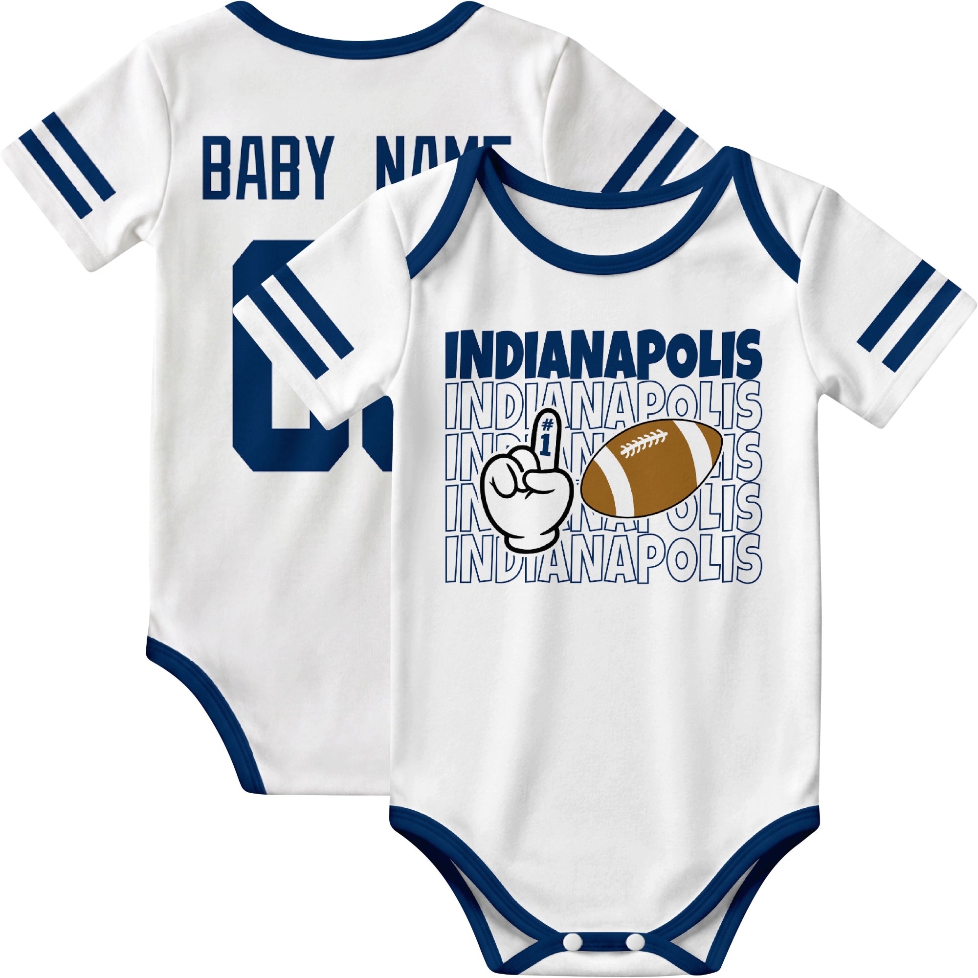 Indianapolis personalized football baby bodysuit in White showing front number one fan design and back custom baby name and number