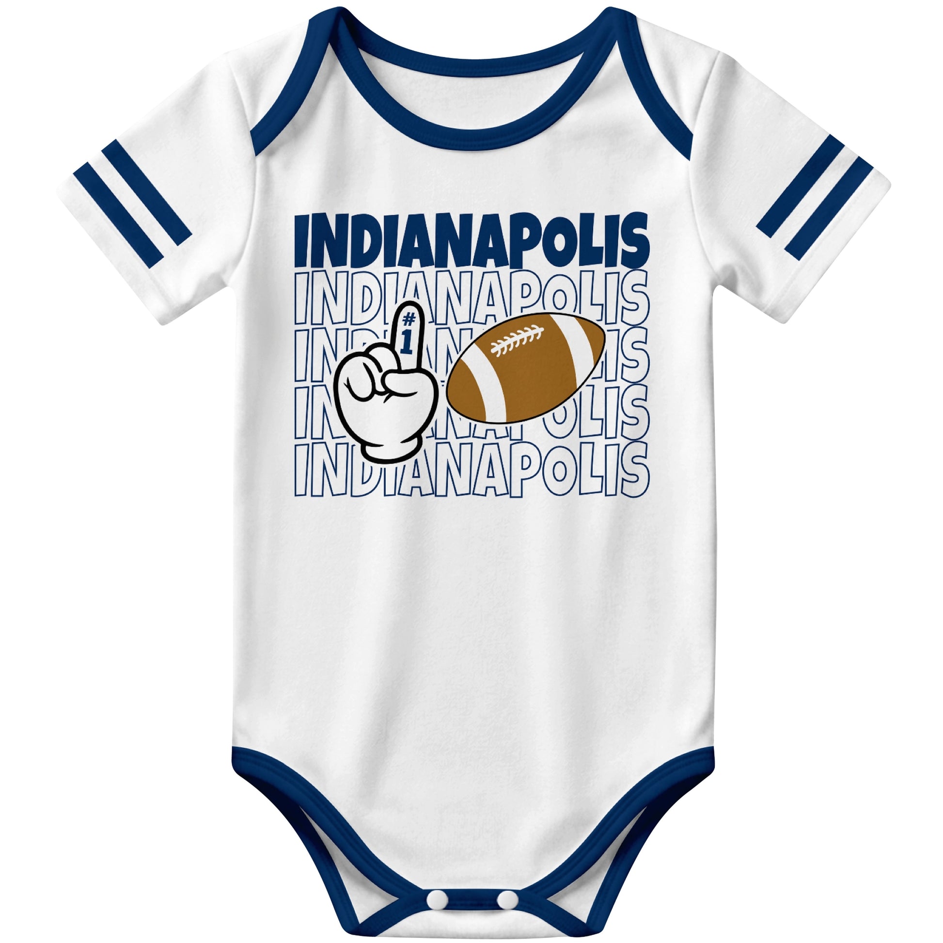 Indianapolis White football baby bodysuit front view with city lettering football and number one fan hand graphic