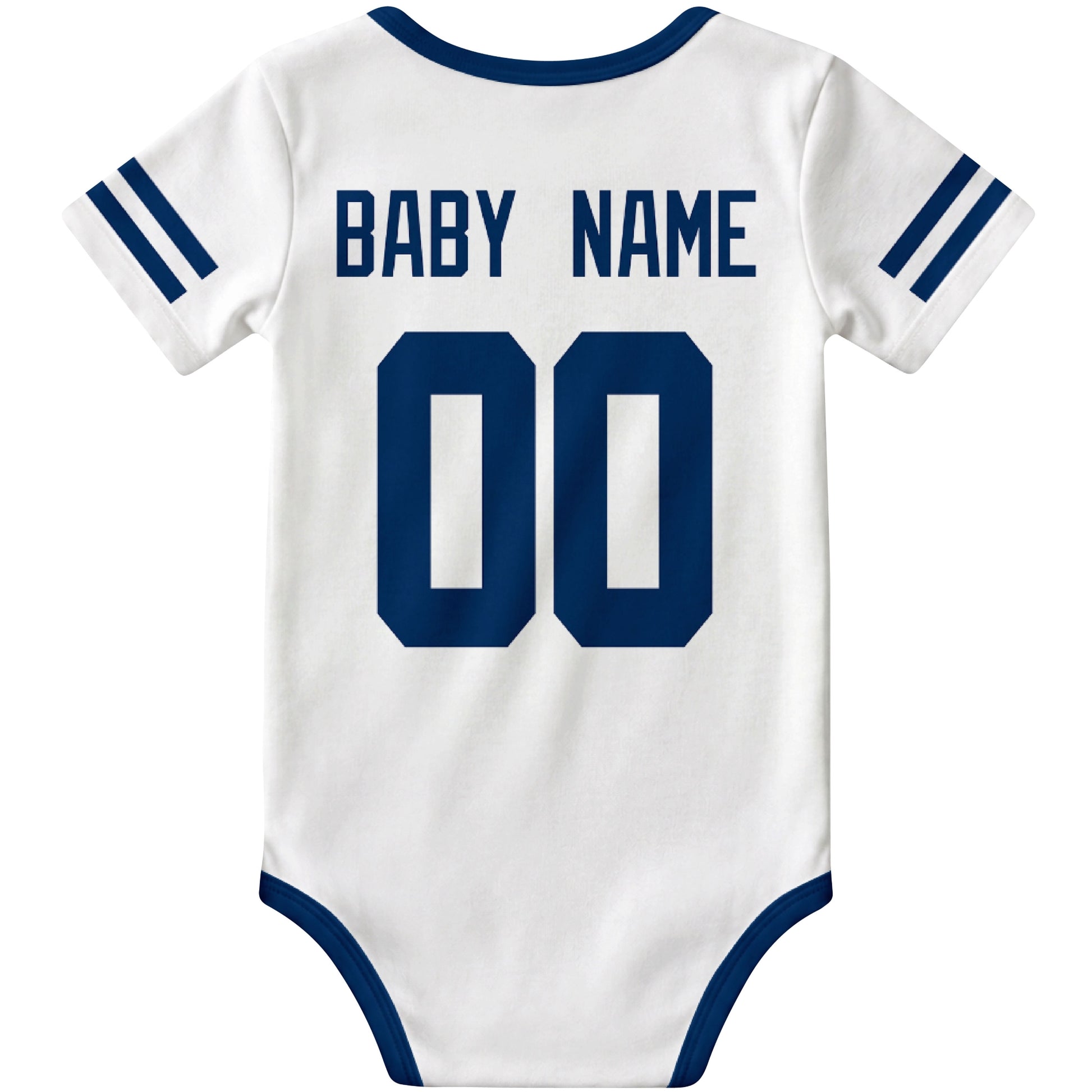 Indianapolis White personalized football baby bodysuit back view with custom baby name and jersey number