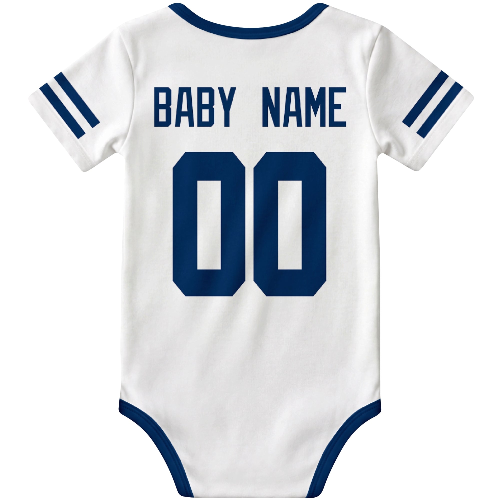 Indianapolis White personalized football baby bodysuit back view with custom baby name and jersey number