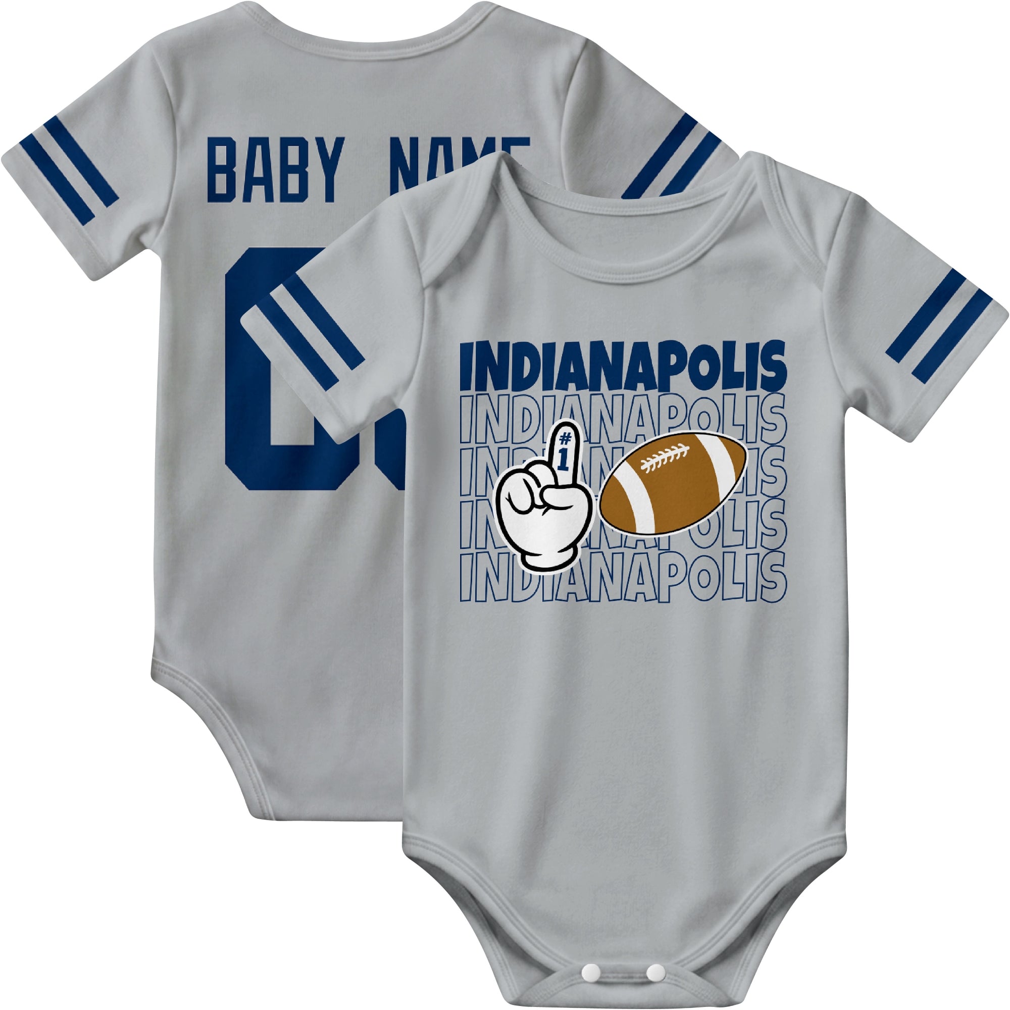 Indianapolis personalized football baby bodysuit in Gray showing front number one fan design and back custom baby name and number