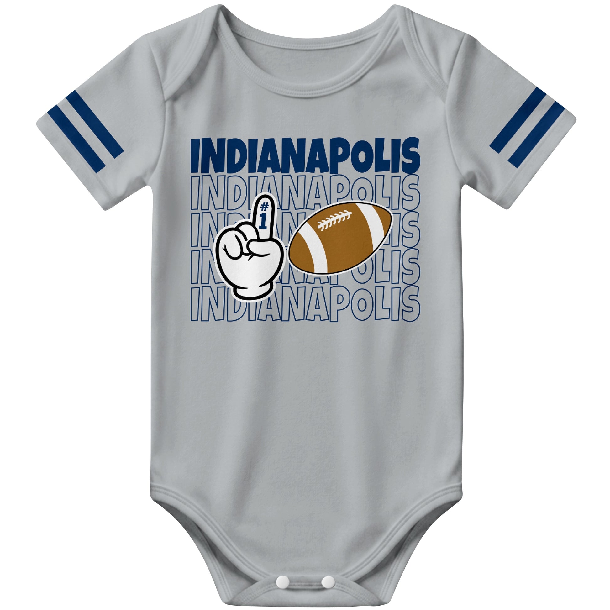 Indianapolis Gray football baby bodysuit front view with city lettering football and number one fan hand graphic