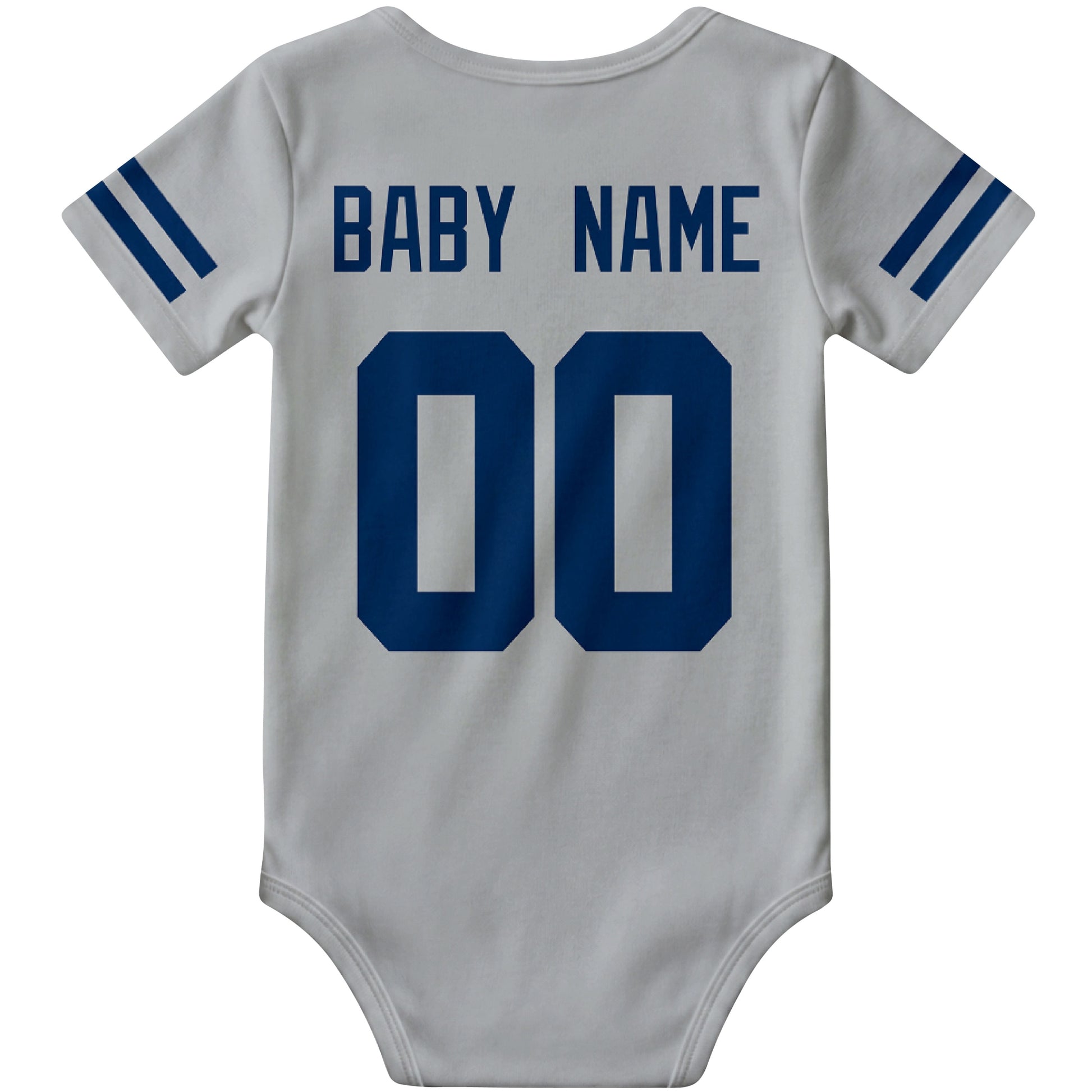 Indianapolis Gray personalized football baby bodysuit back view with custom baby name and jersey number