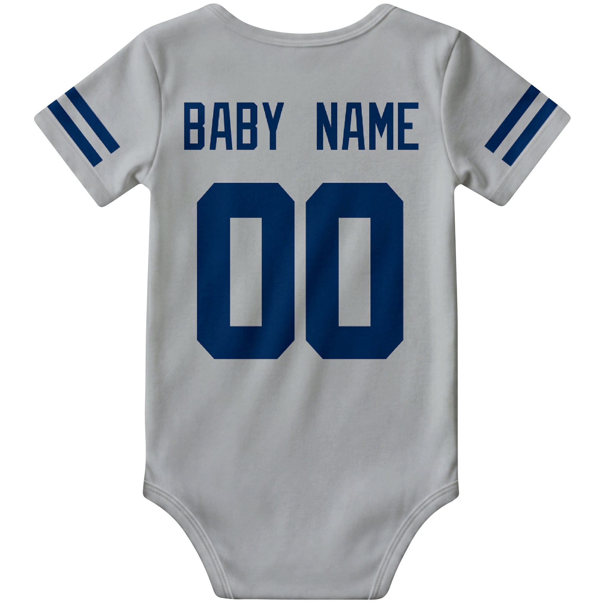 Indianapolis Gray personalized football baby bodysuit back view with custom baby name and jersey number