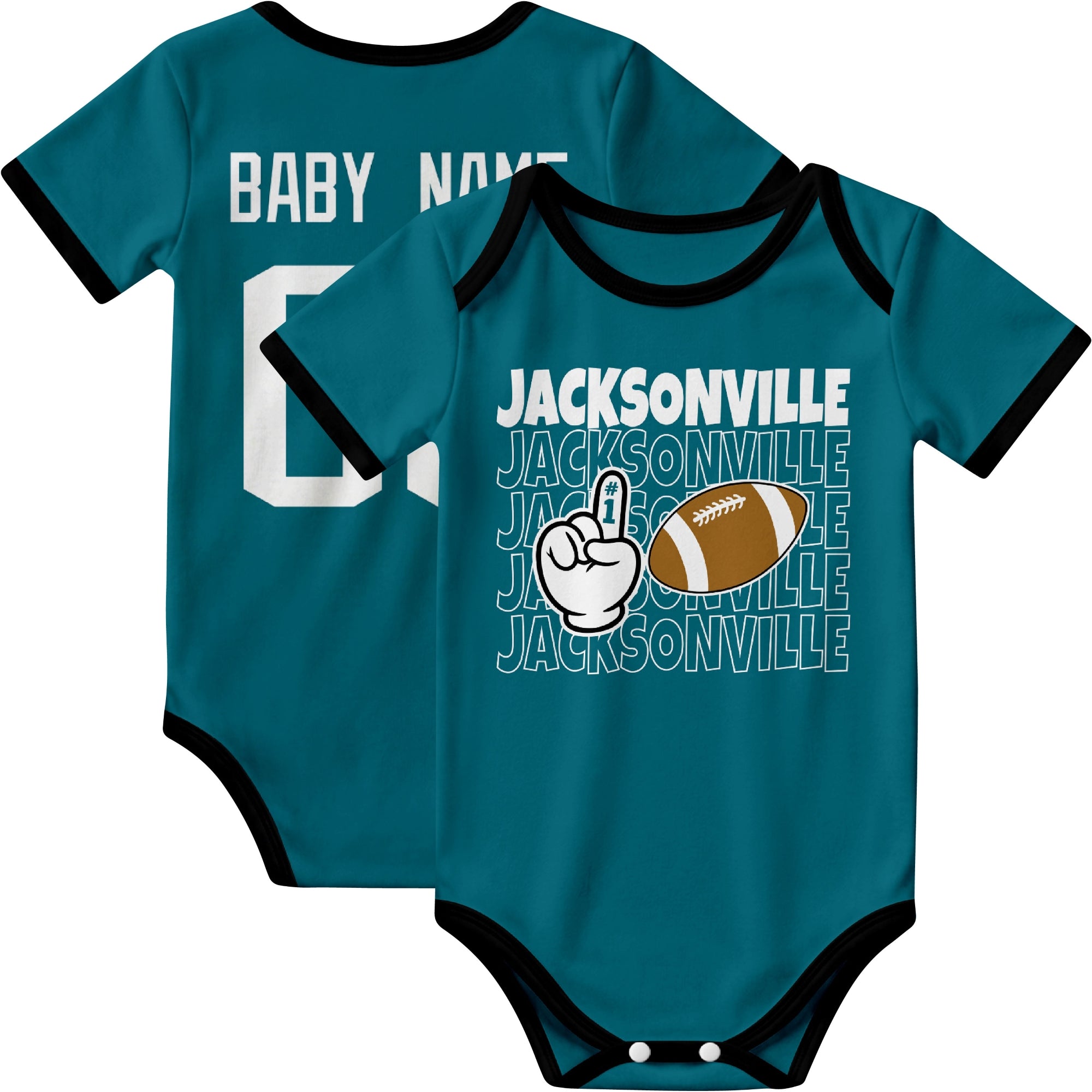 Jacksonville personalized football baby bodysuit in Teal showing front number one fan design and back custom baby name and number