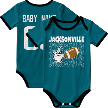 Jacksonville personalized football baby bodysuit in Teal showing front number one fan design and back custom baby name and number