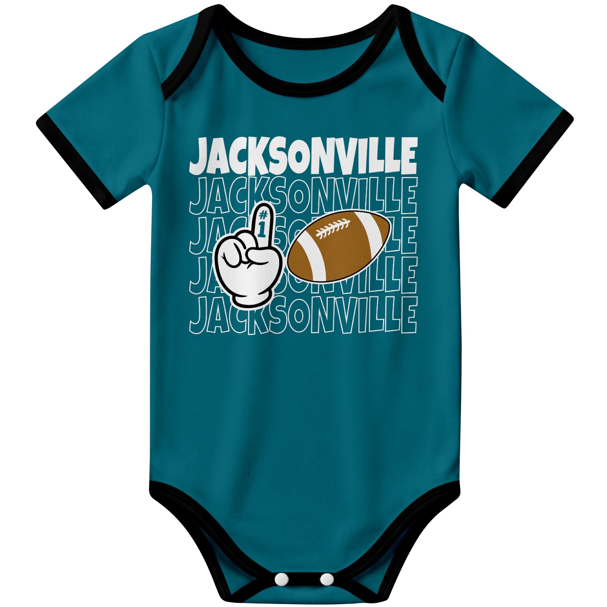 Jacksonville Teal football baby bodysuit front view with city lettering football and number one fan hand graphic
