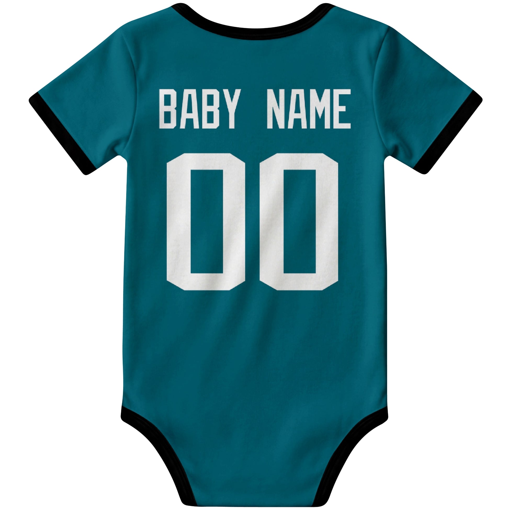 Jacksonville Teal personalized football baby bodysuit back view with custom baby name and jersey number