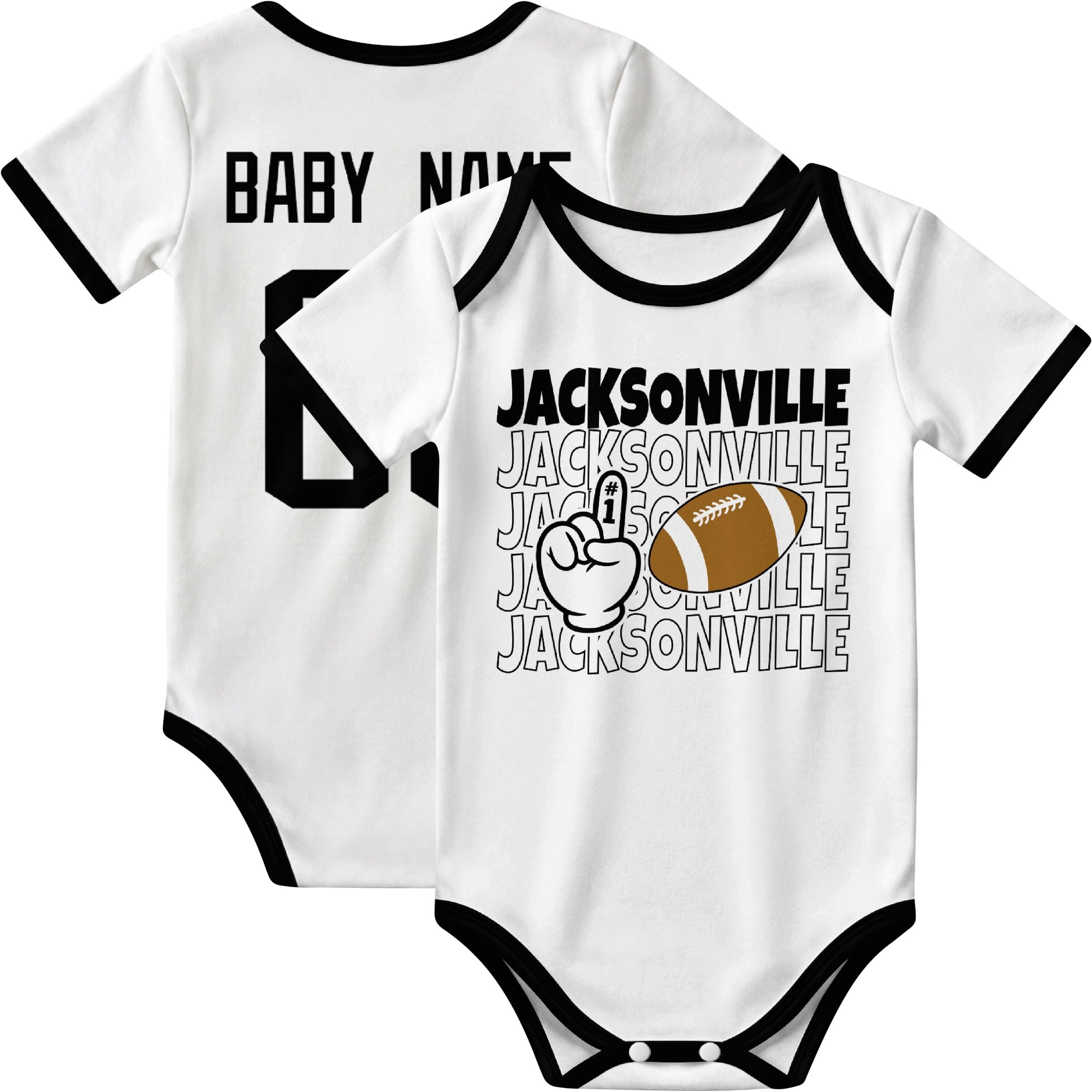 Jacksonville personalized football baby bodysuit in White showing front number one fan design and back custom baby name and number