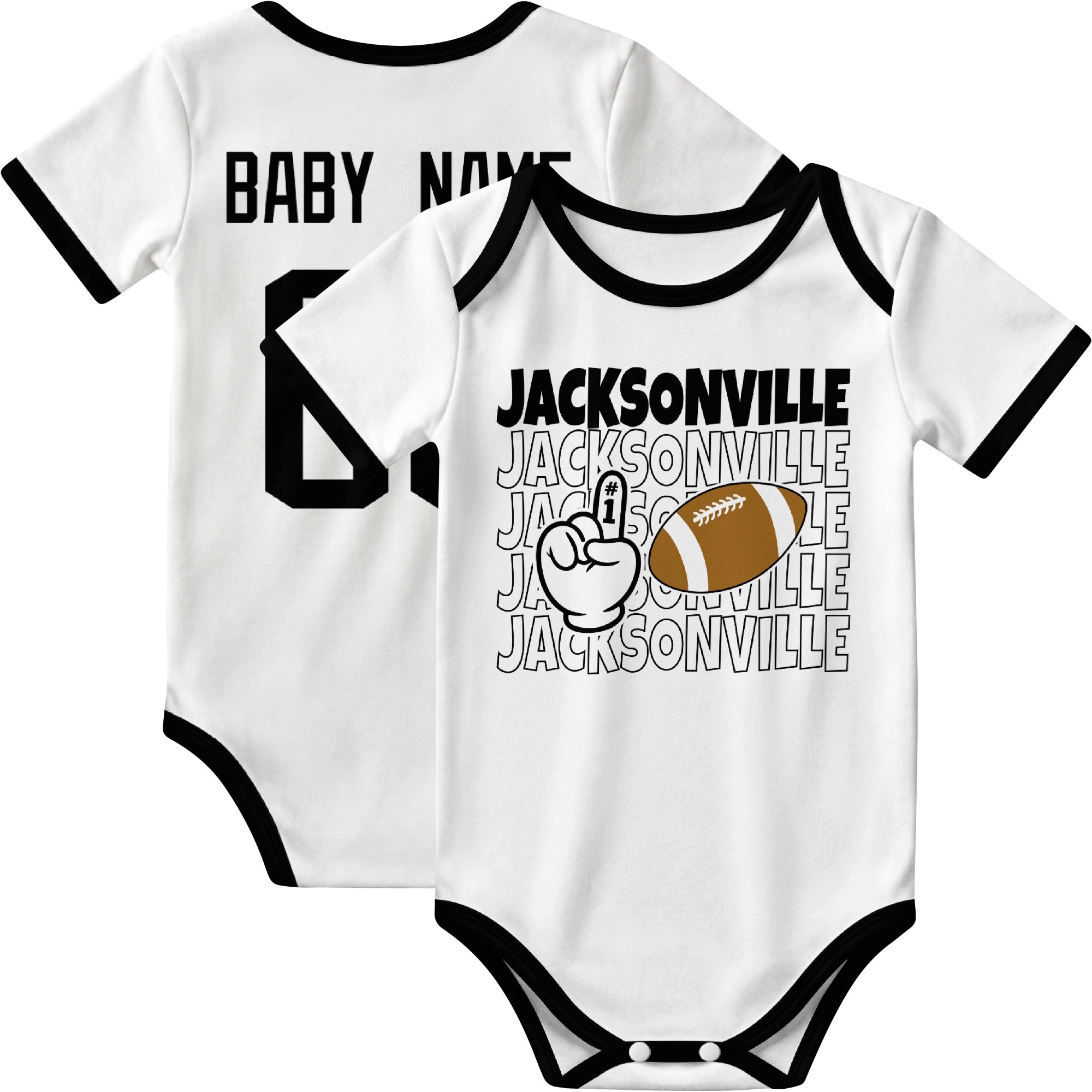 Jacksonville personalized football baby bodysuit in White showing front number one fan design and back custom baby name and number