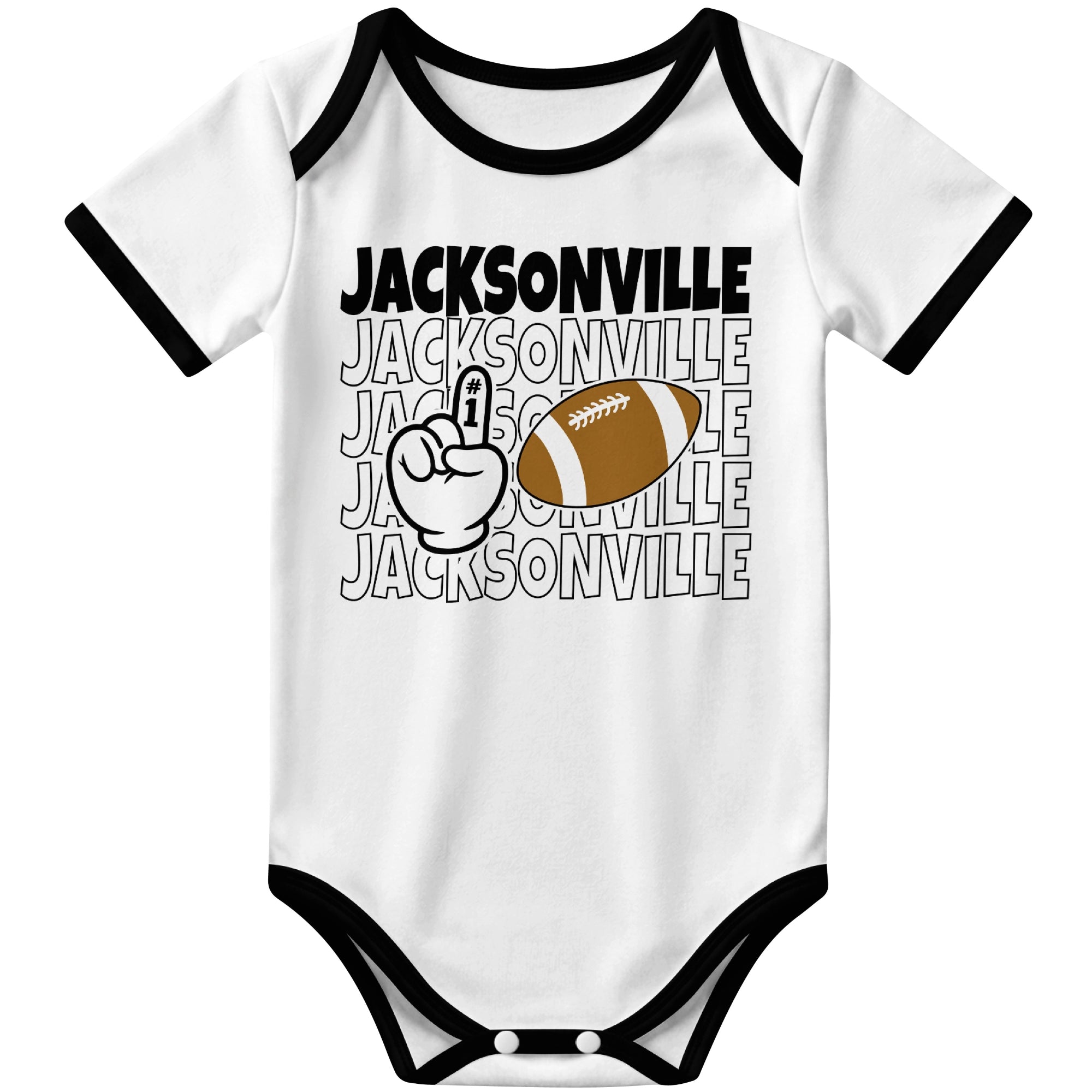 Jacksonville White football baby bodysuit front view with city lettering football and number one fan hand graphic