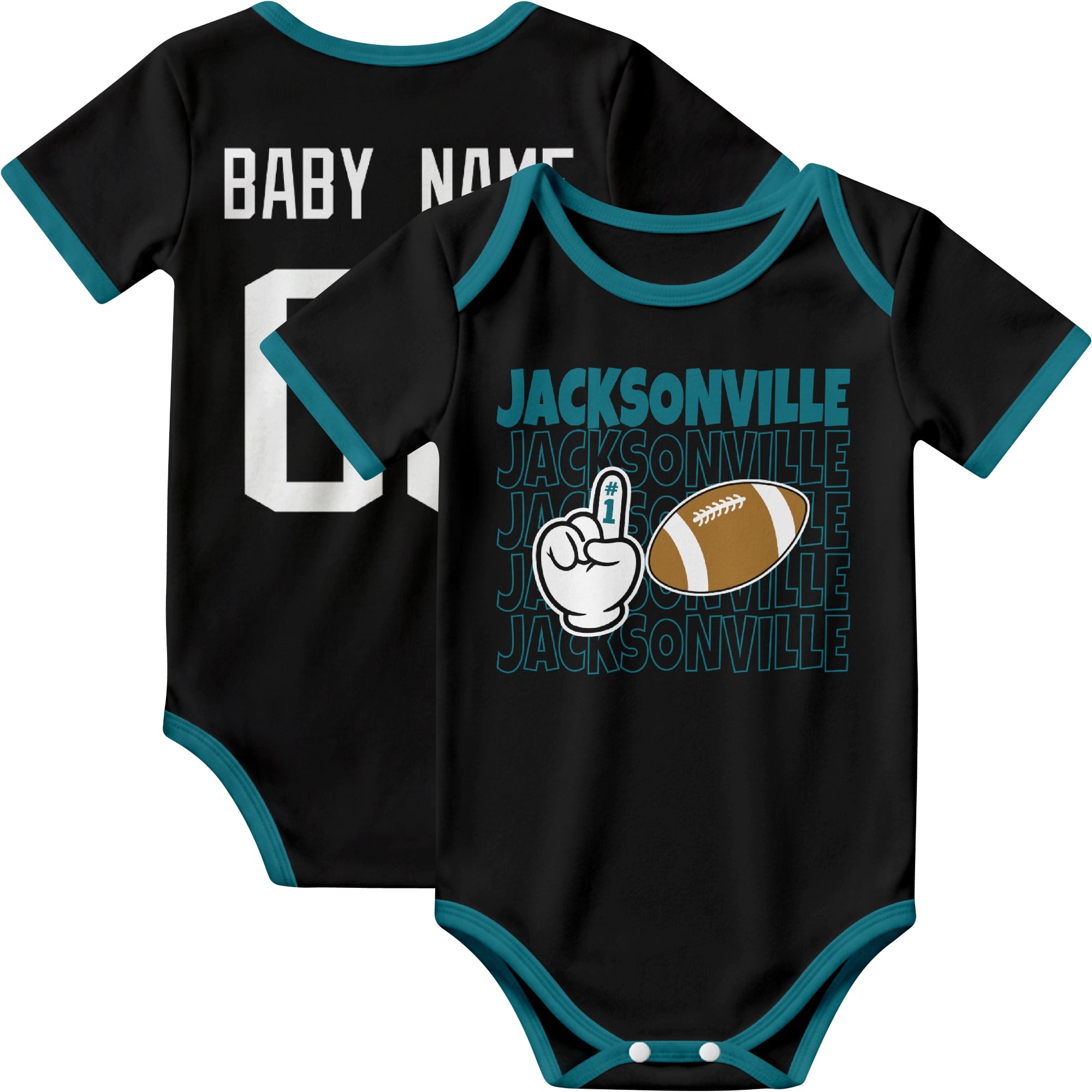 Jacksonville personalized football baby bodysuit in Black showing front number one fan design and back custom baby name and number