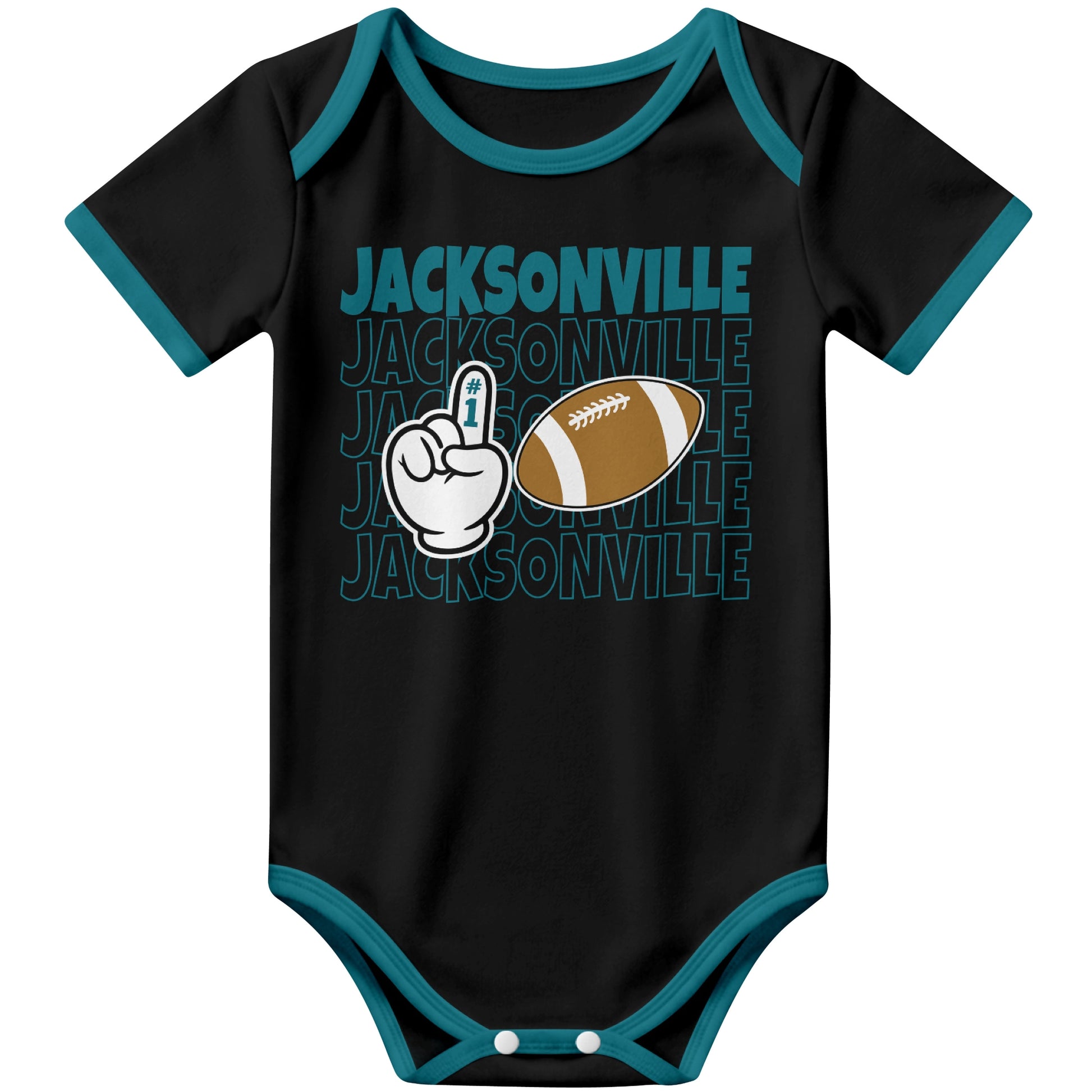 Jacksonville Black football baby bodysuit front view with city lettering football and number one fan hand graphic