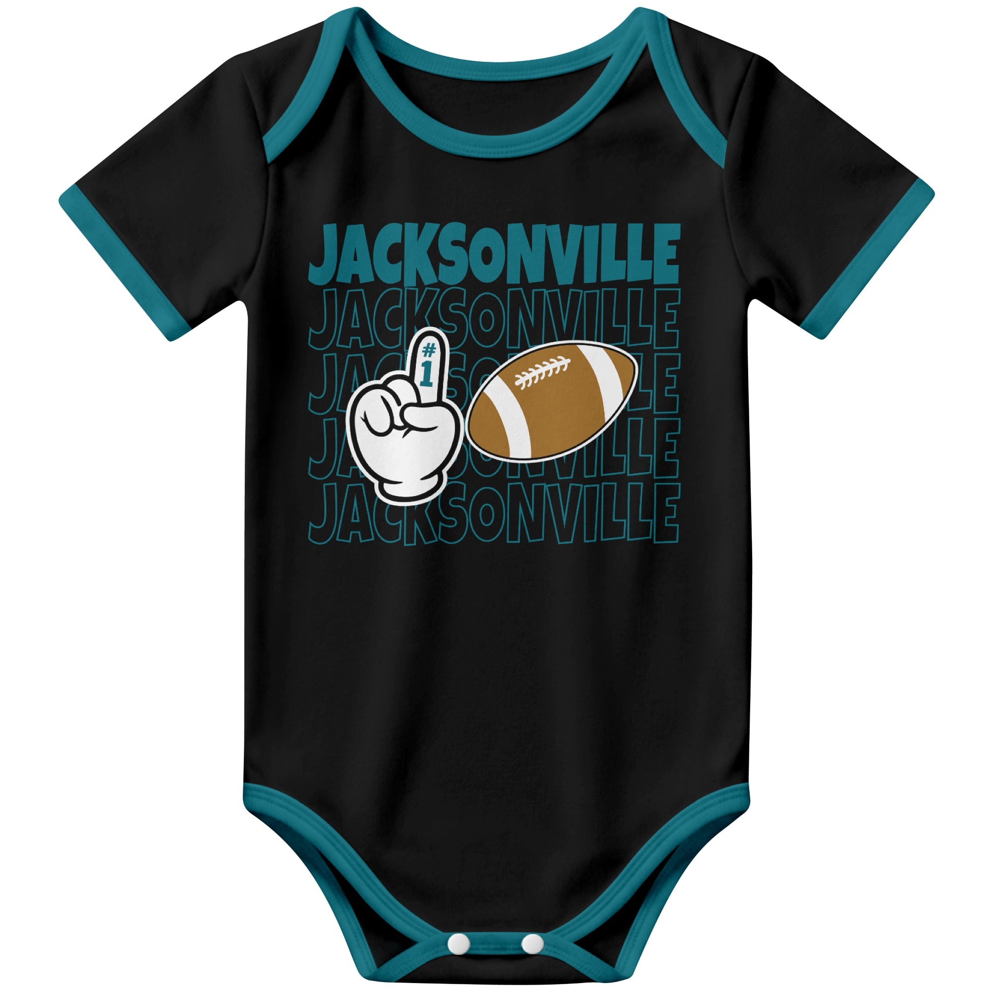 Jacksonville Black football baby bodysuit front view with city lettering football and number one fan hand graphic